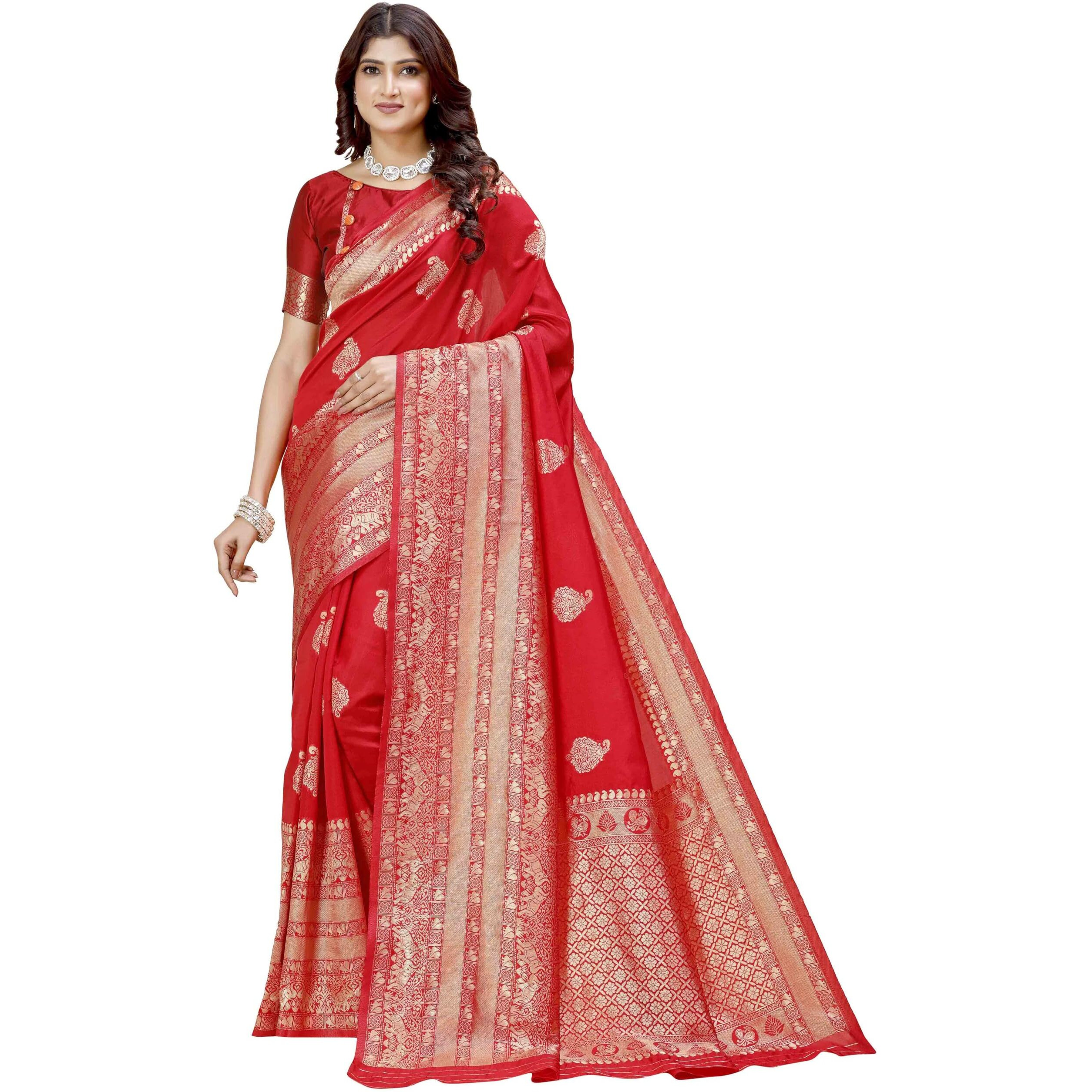 Shasmi Women's Banarasi Saree Pure Kanjivaram Silk Saree Soft New Ladies 2025 Design Wear Pattu Sarees Latest Party Sari Collections With Blouse Piece For Wedding Sadi (Pari-208 Red)