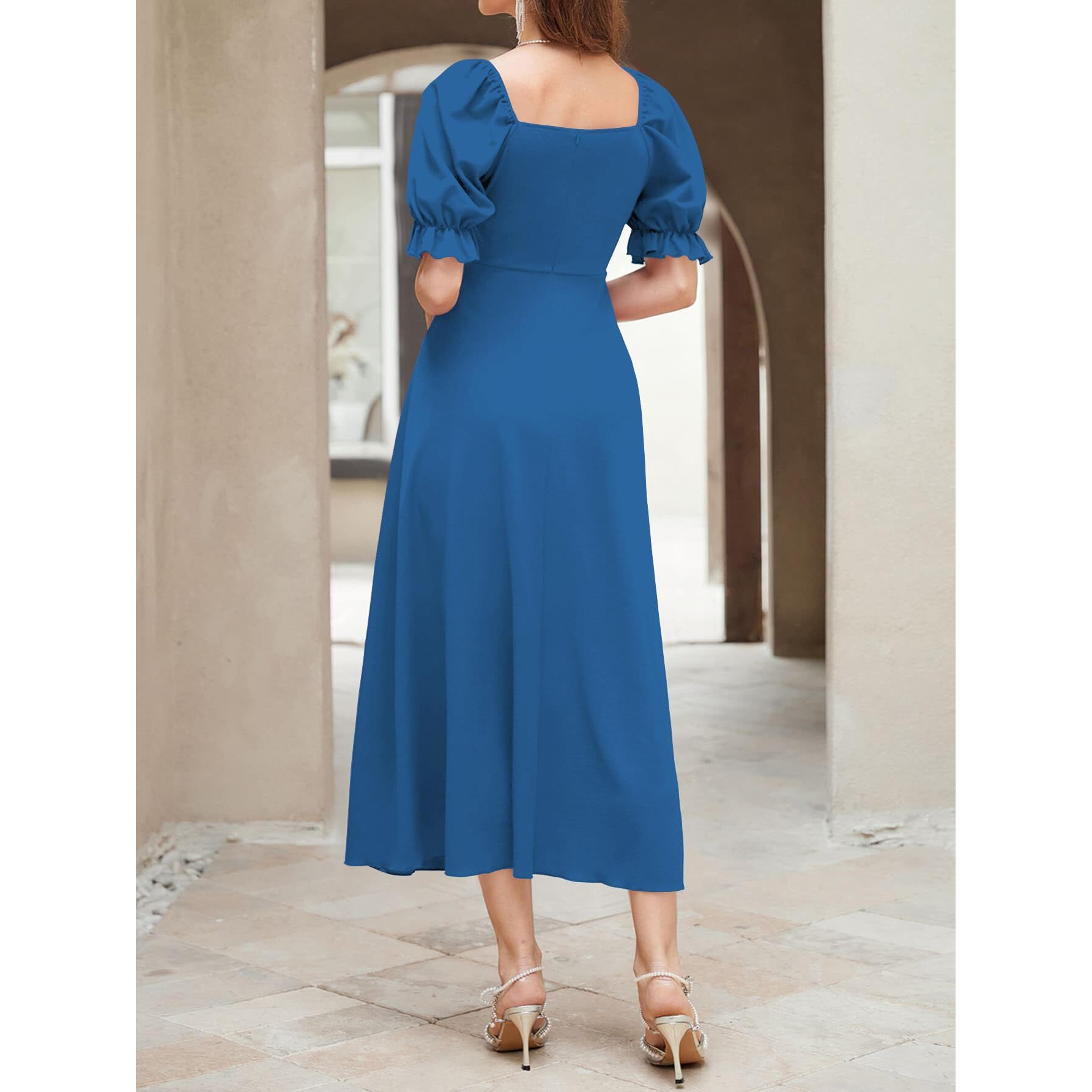 Shasmi Girl's & Women's Solid Morpeach A-Line Ruched Puff Sleeve Maxi Long Evening One Piece Long Dress For Women Stylish (Dress 131 Morpeach-S)