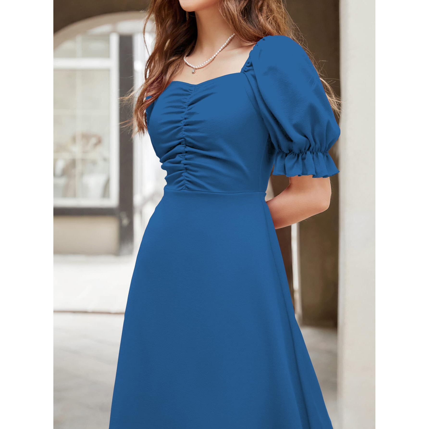 Shasmi Girl's & Women's Solid Morpeach A-Line Ruched Puff Sleeve Maxi Long Evening One Piece Long Dress For Women Stylish (Dress 131 Morpeach-S)