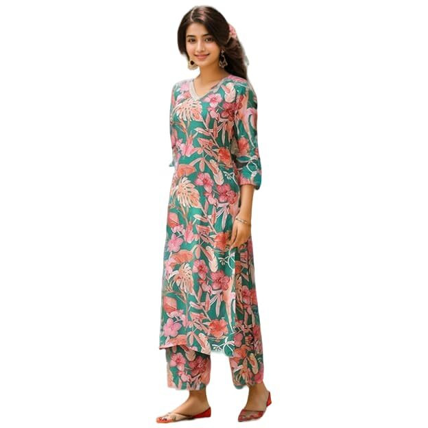 Shienzy Women's Cotton Blend Kurta With Palazzo (1472_Green_S)
