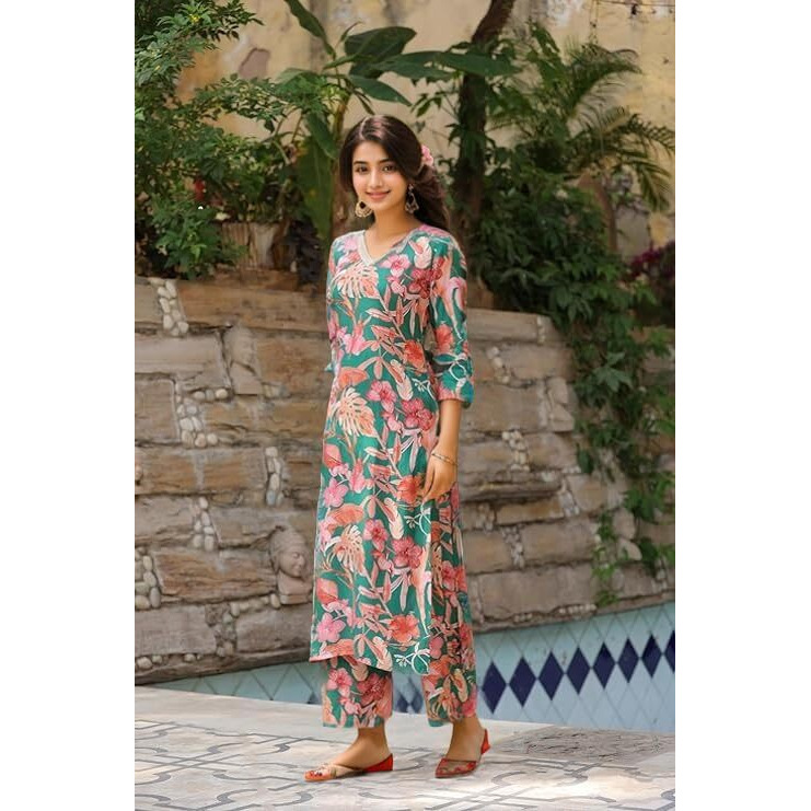 Shienzy Women's Cotton Blend Kurta With Palazzo (1472_Green_S)