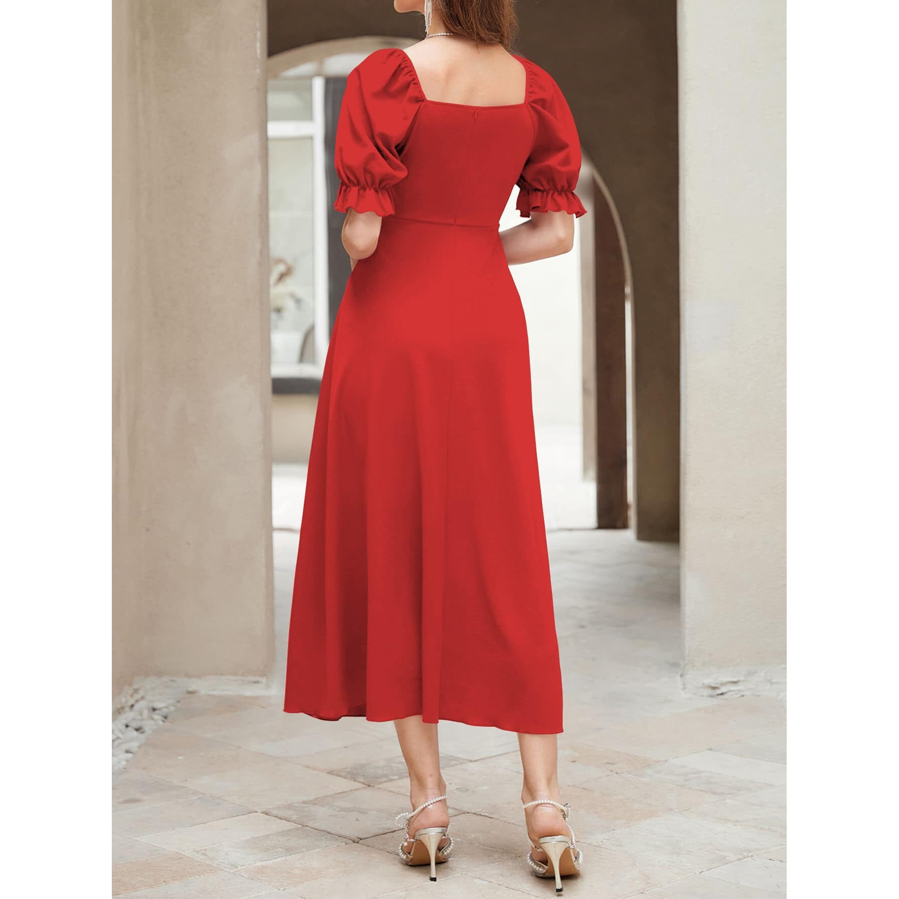 Shasmi Girl's & Women's Solid Red A-Line Ruched Puff Sleeve Maxi Long Evening One Piece Long Dress For Women Stylish (Dress 131 Red-M)