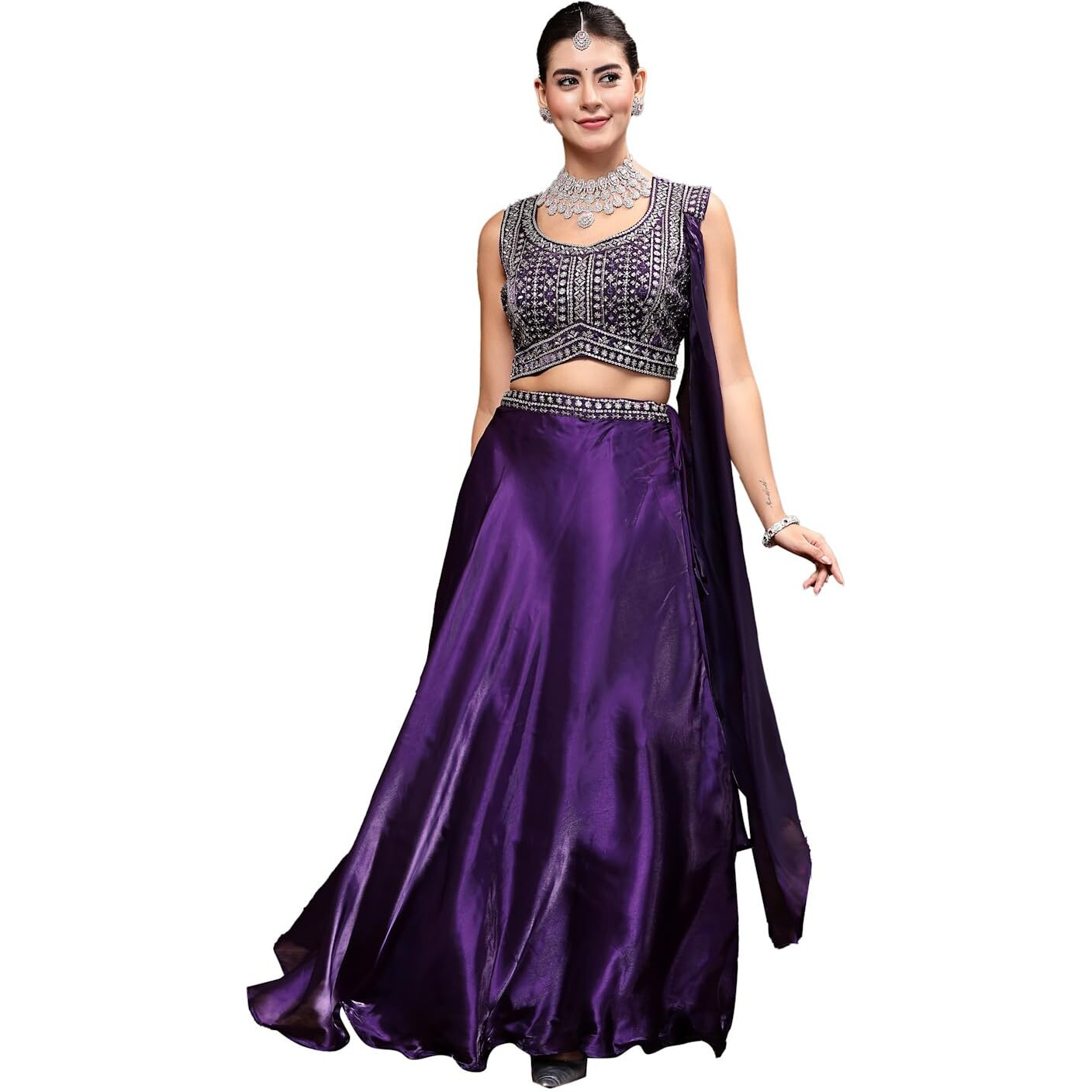 Stylum Women's Jimmy Choo Lehenga & Blouse With Dupatta (Stdselenawine38_Wine, M)