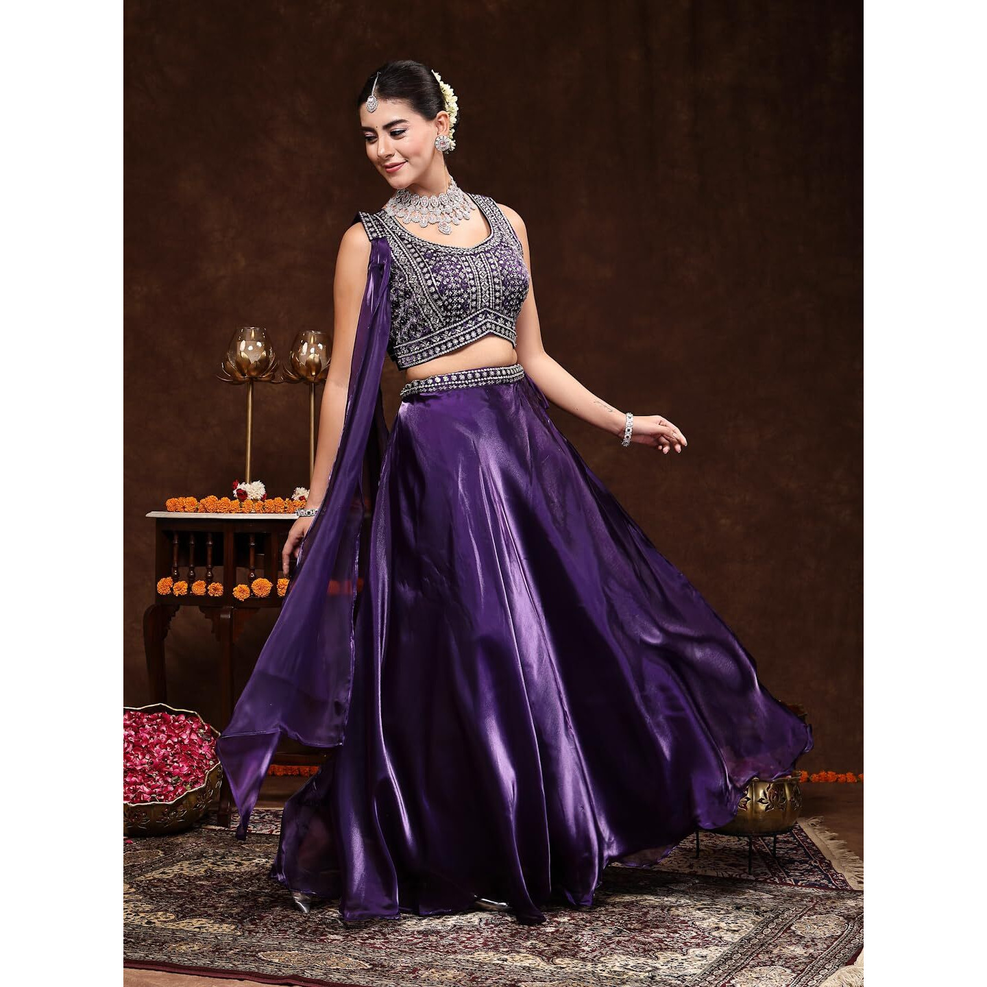 Stylum Women's Jimmy Choo Lehenga & Blouse With Dupatta (Stdselenawine38_Wine, M)
