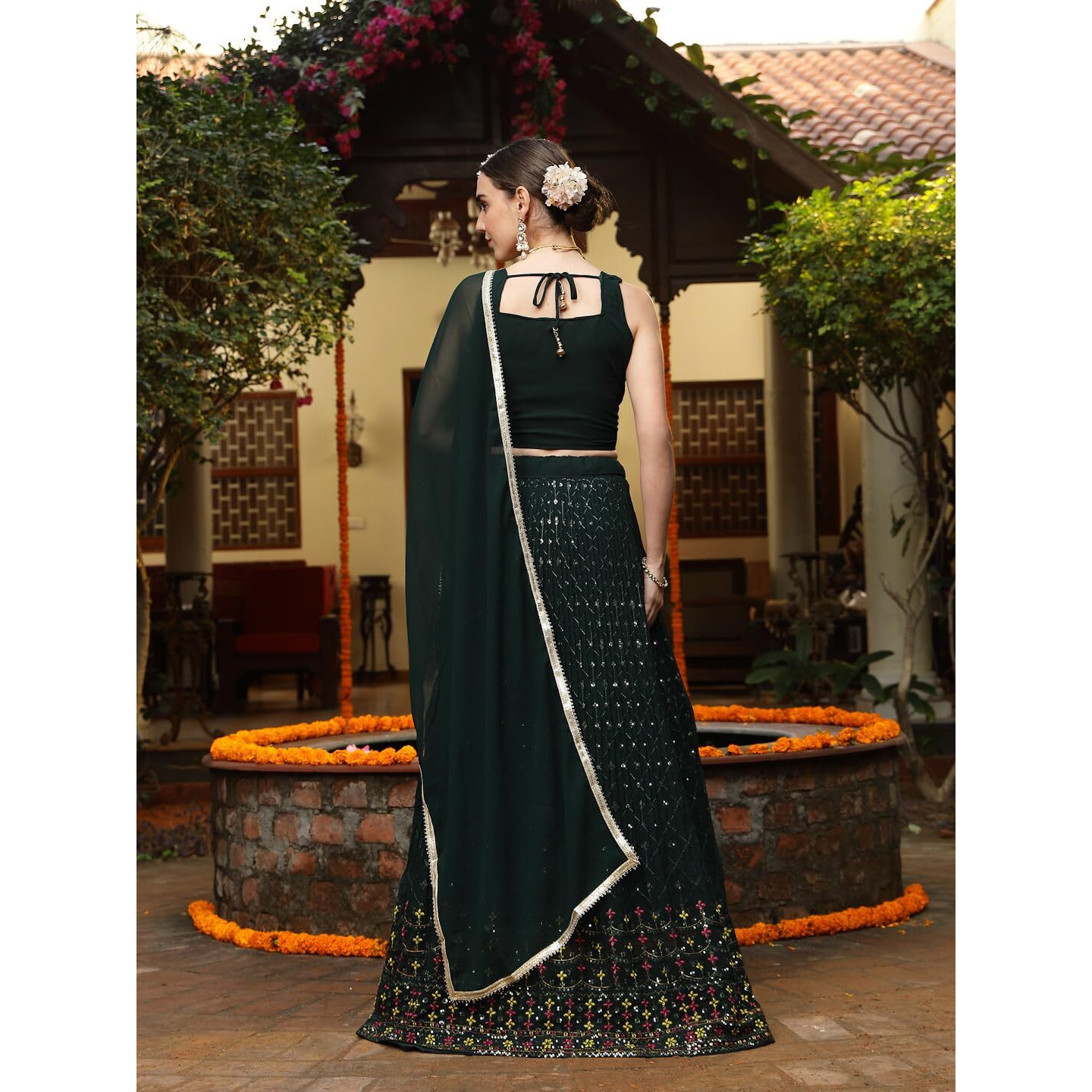Stylum Women's Embroidered Georgette Lehenga & Blouse With Dupatta (Lehgreenmannat40_Green, L)