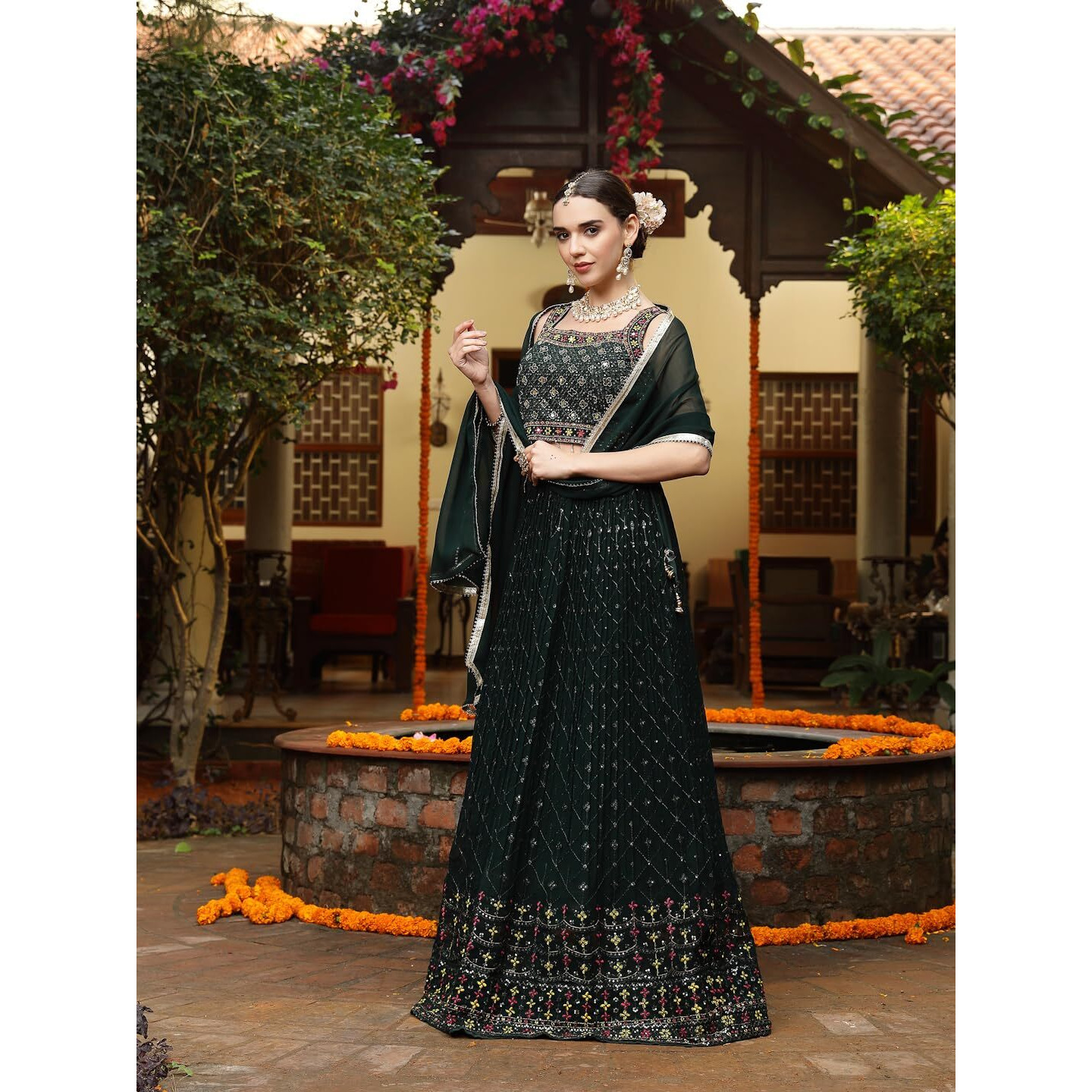 Stylum Women's Embroidered Georgette Lehenga & Blouse With Dupatta (Lehgreenmannat40_Green, L)
