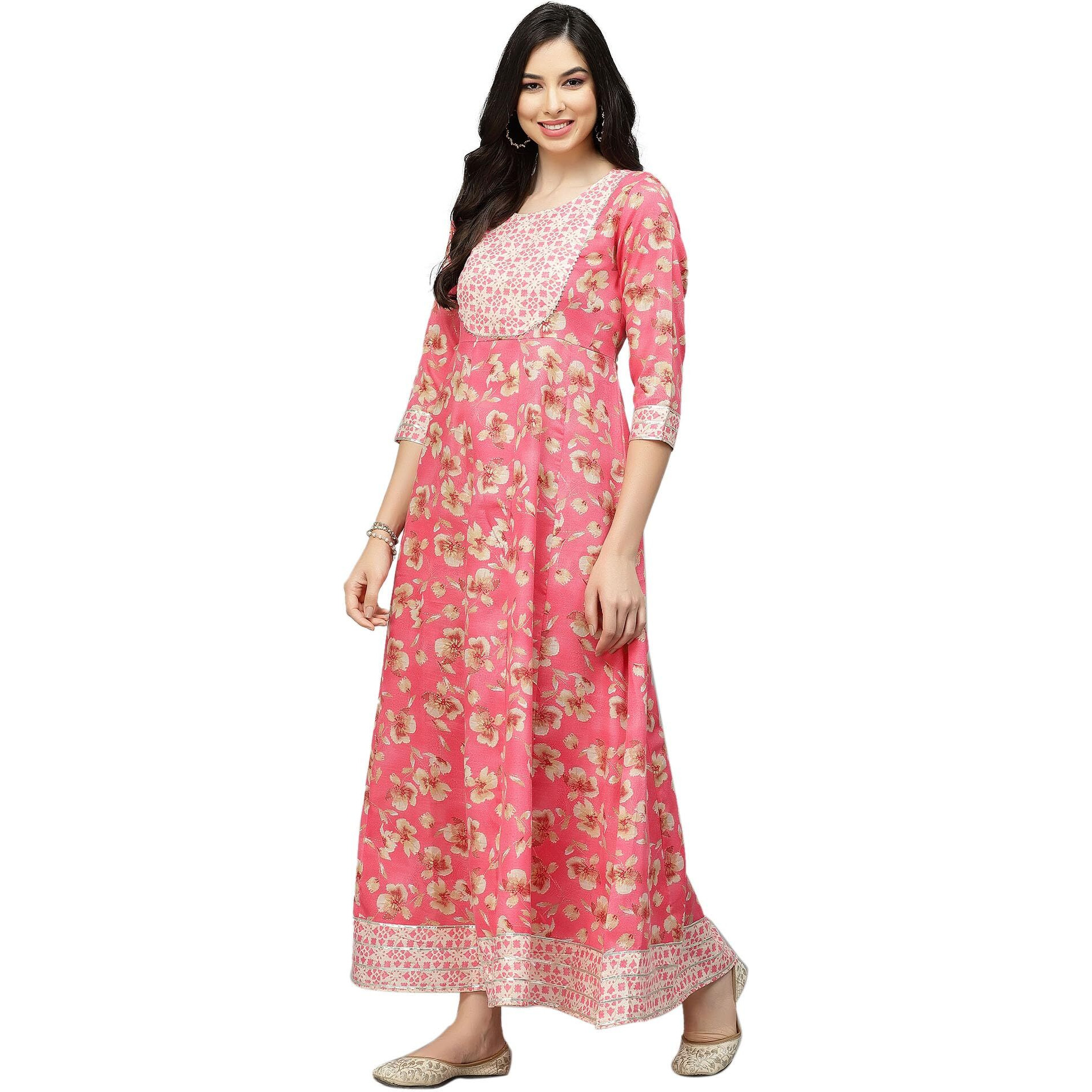 Stylum Women's Printed Cotton Blend Anarkali Kurta (Aarupink36_ Pink, S)