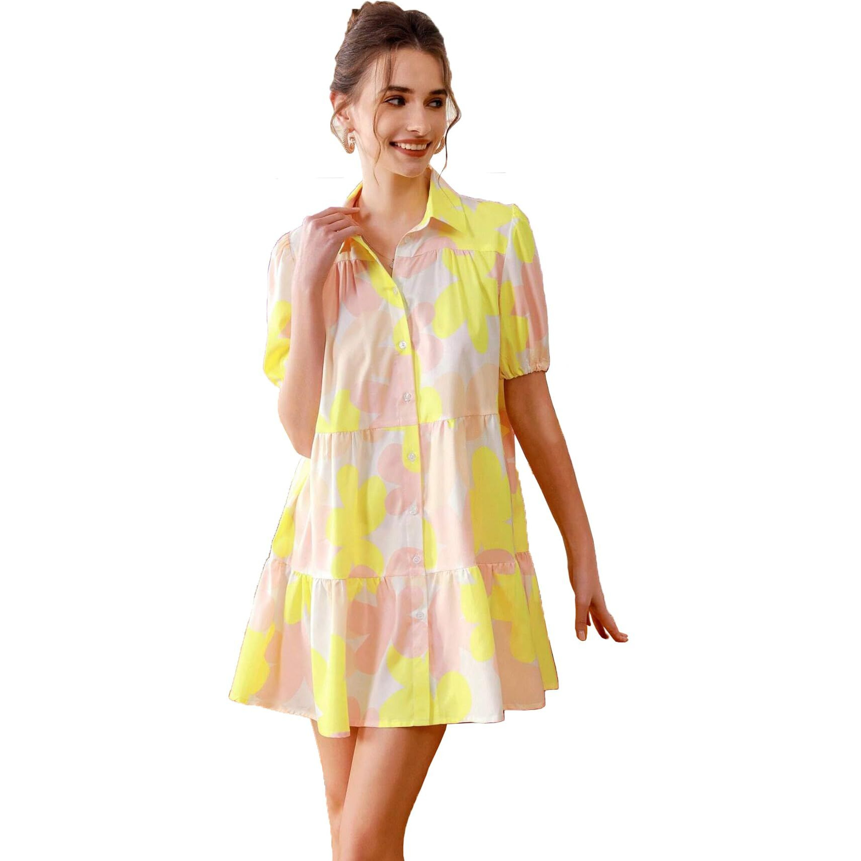 Tadkee Women's Cotton Blend Classic Above The Knee Casual Dress (Fn-One-Piece-129-Yellow-S_Yellow_S)