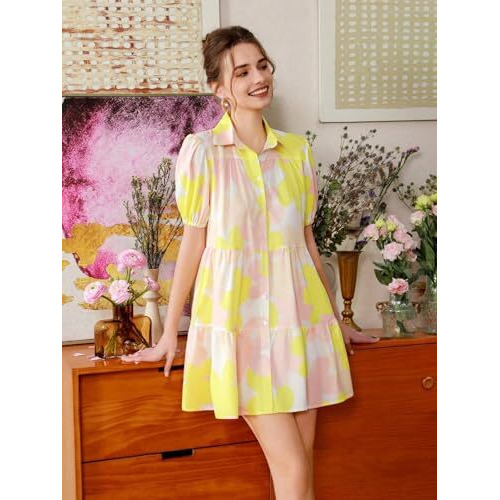 Tadkee Women's Cotton Blend Classic Above The Knee Casual Dress (Fn-One-Piece-129-Yellow-S_Yellow_S)