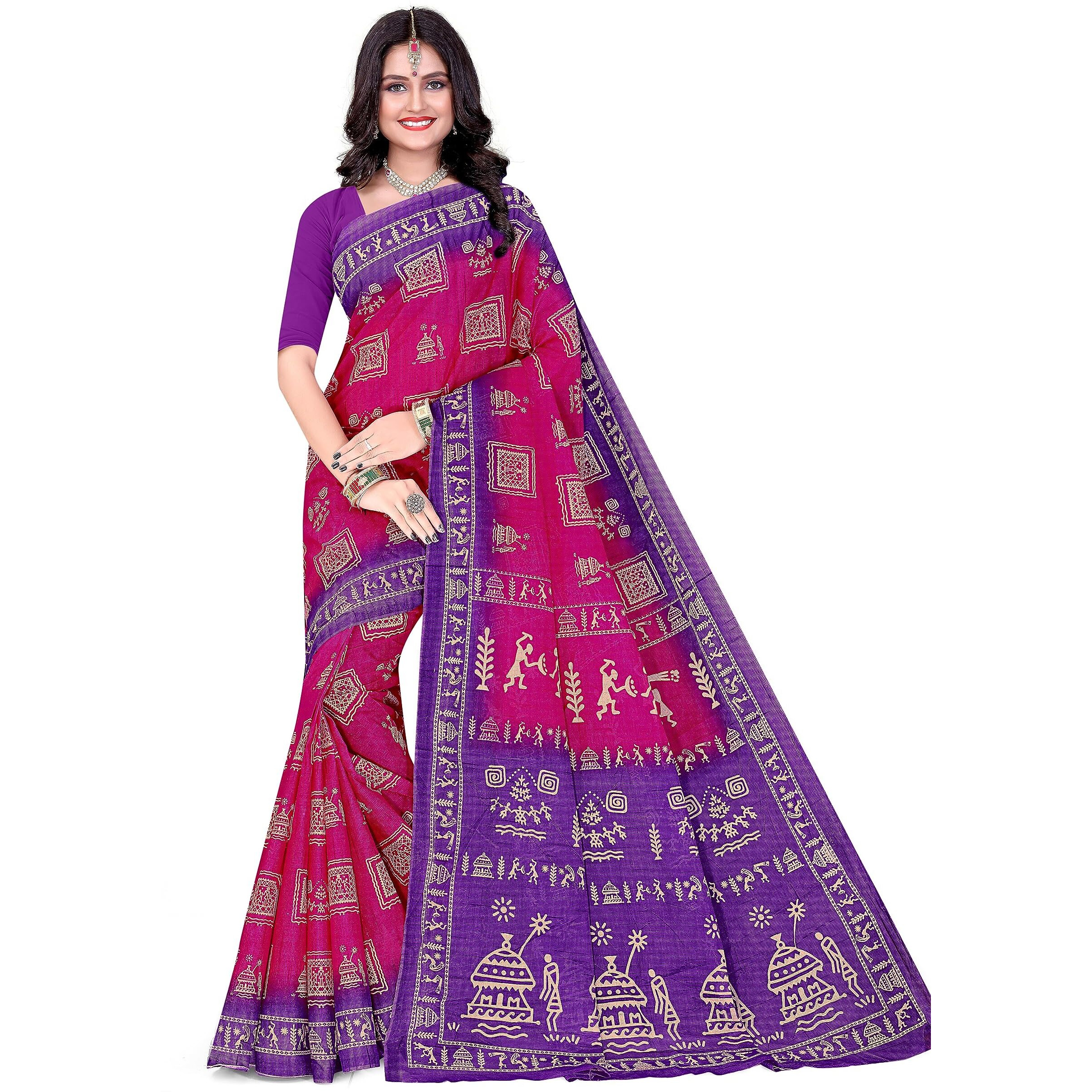 Tamaira Fashion Women's Warli Print Pure Cotton Saree Without Blouse Piece(2467_Magenta)