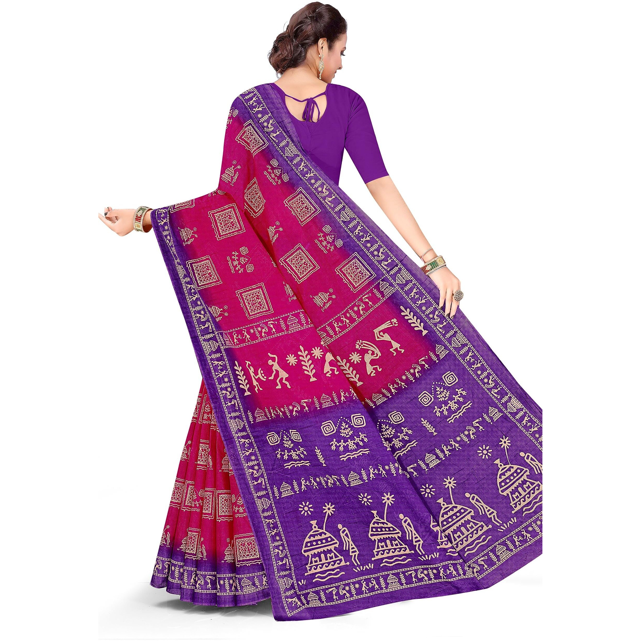 Tamaira Fashion Women's Warli Print Pure Cotton Saree Without Blouse Piece(2467_Magenta)