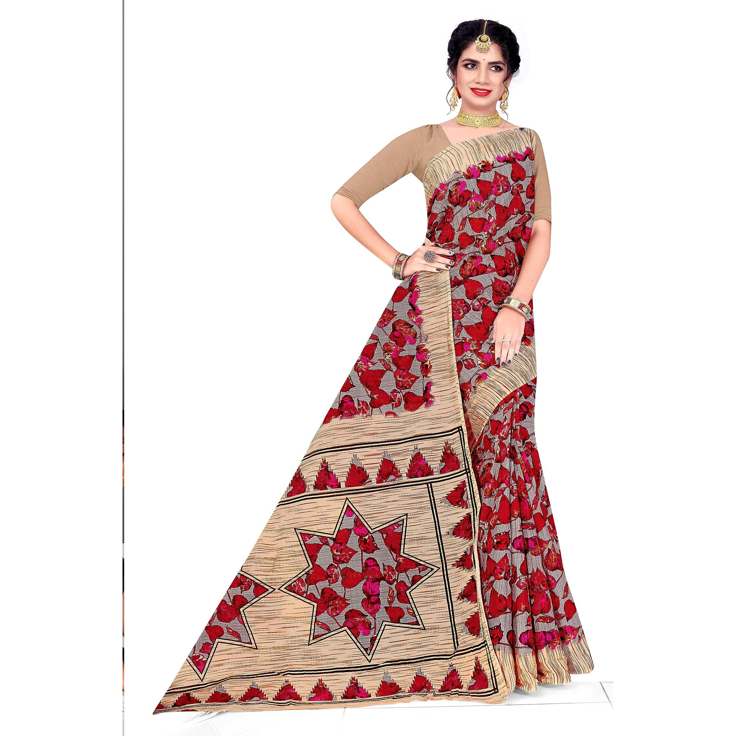 Tamaira Fashion Women's Artistic Leaf Print Pure Cotton Saree Without Blouse Piece(11209_Dusty Pink)