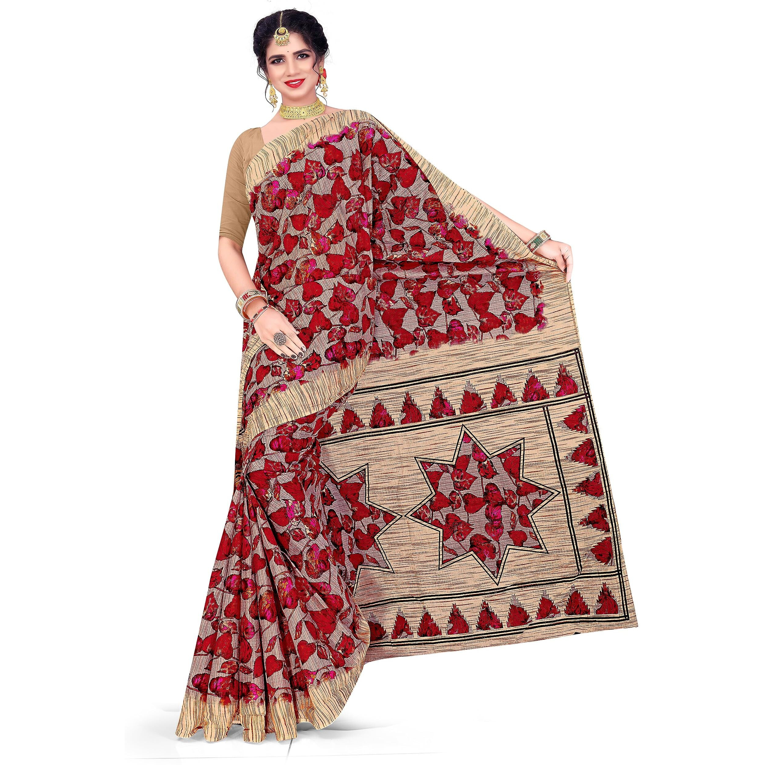 Tamaira Fashion Women's Artistic Leaf Print Pure Cotton Saree Without Blouse Piece(11209_Dusty Pink)