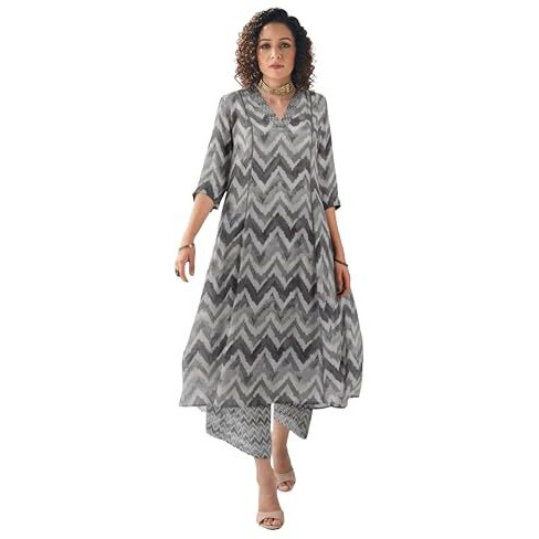 Toochki Dress For Women | Two Piece Dress For Women Long | Dress | Maxi Dress For Women | Dresses | Zig Zag Printed Dress | Cotton Dress For Women | Flared Dress | Dress With Palazzo For Womens Grey