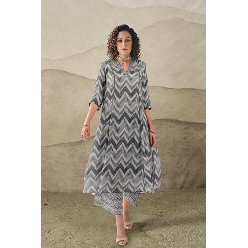 Toochki Dress For Women | Two Piece Dress For Women Long | Dress | Maxi Dress For Women | Dresses | Zig Zag Printed Dress | Cotton Dress For Women | Flared Dress | Dress With Palazzo For Womens Grey