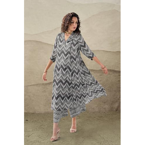 Toochki Dress For Women | Two Piece Dress For Women Long | Dress | Maxi Dress For Women | Dresses | Zig Zag Printed Dress | Cotton Dress For Women | Flared Dress | Dress With Palazzo For Womens Grey