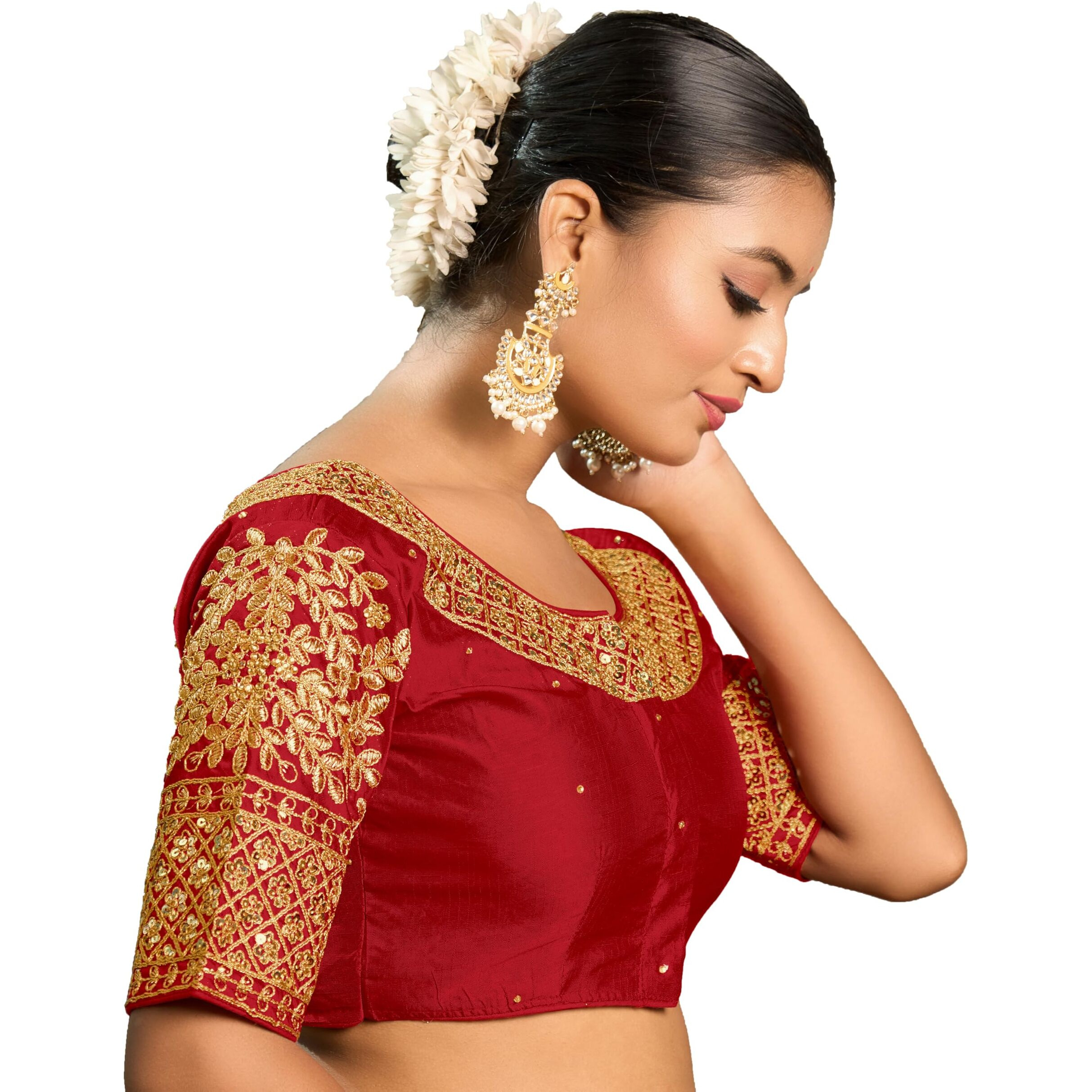 Vihu Fashion Women's Heavy Embroidery Coding With Sequins Work Half Sleeves Fancy Readymade Saree Blouse(Chamak Red_38)