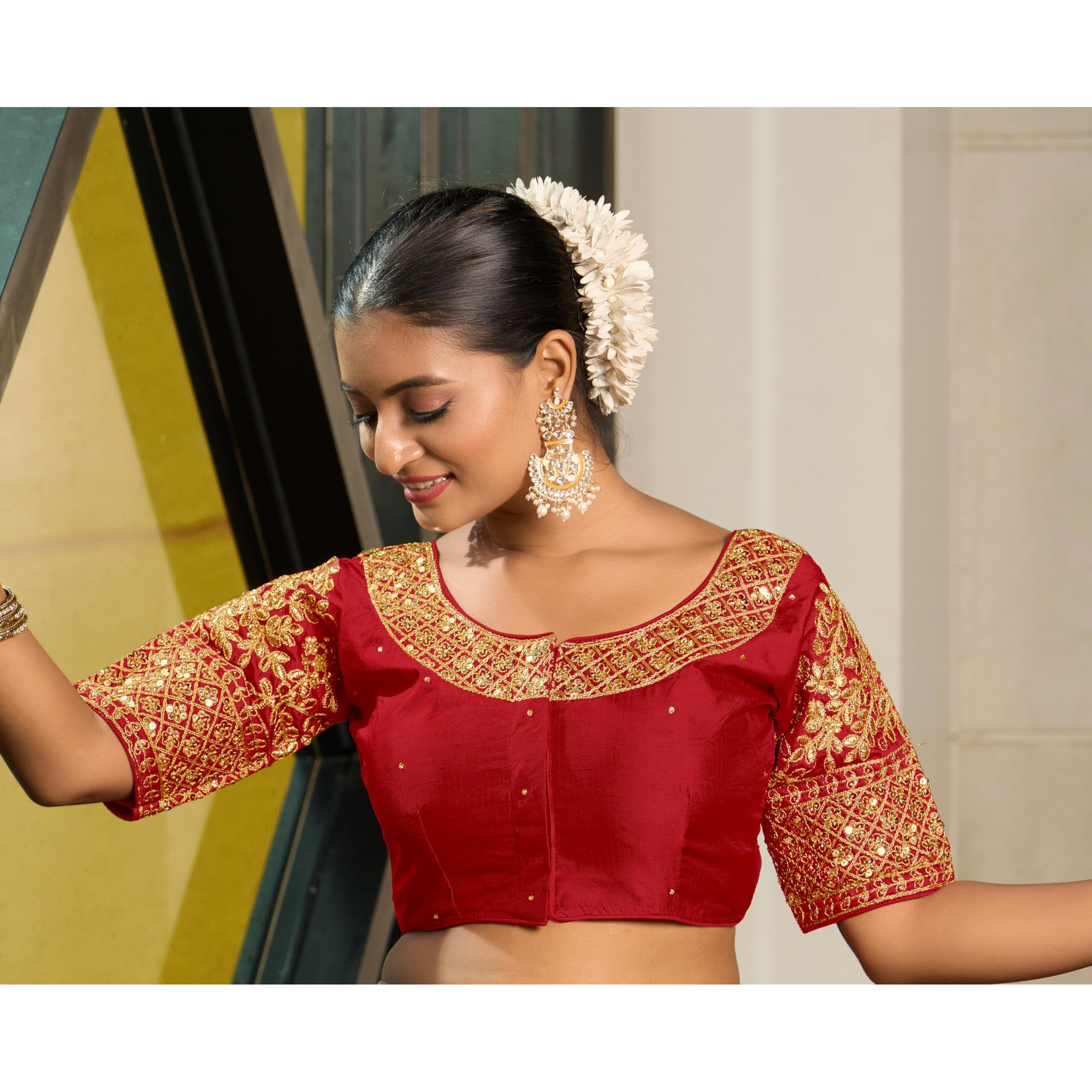 Vihu Fashion Women's Heavy Embroidery Coding With Sequins Work Half Sleeves Fancy Readymade Saree Blouse(Chamak Red_38)