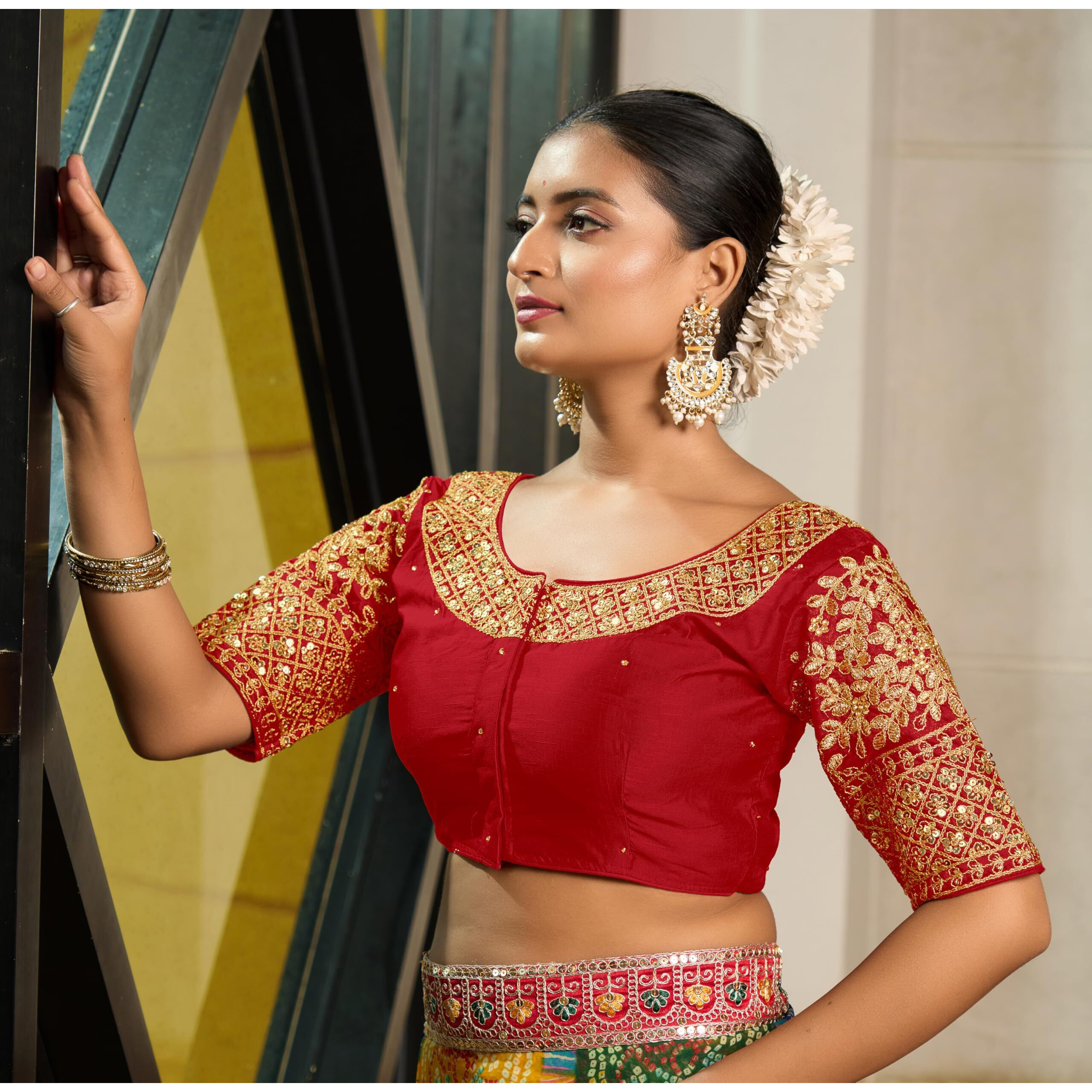 Vihu Fashion Women's Heavy Embroidery Coding With Sequins Work Half Sleeves Fancy Readymade Saree Blouse(Chamak Red_38)