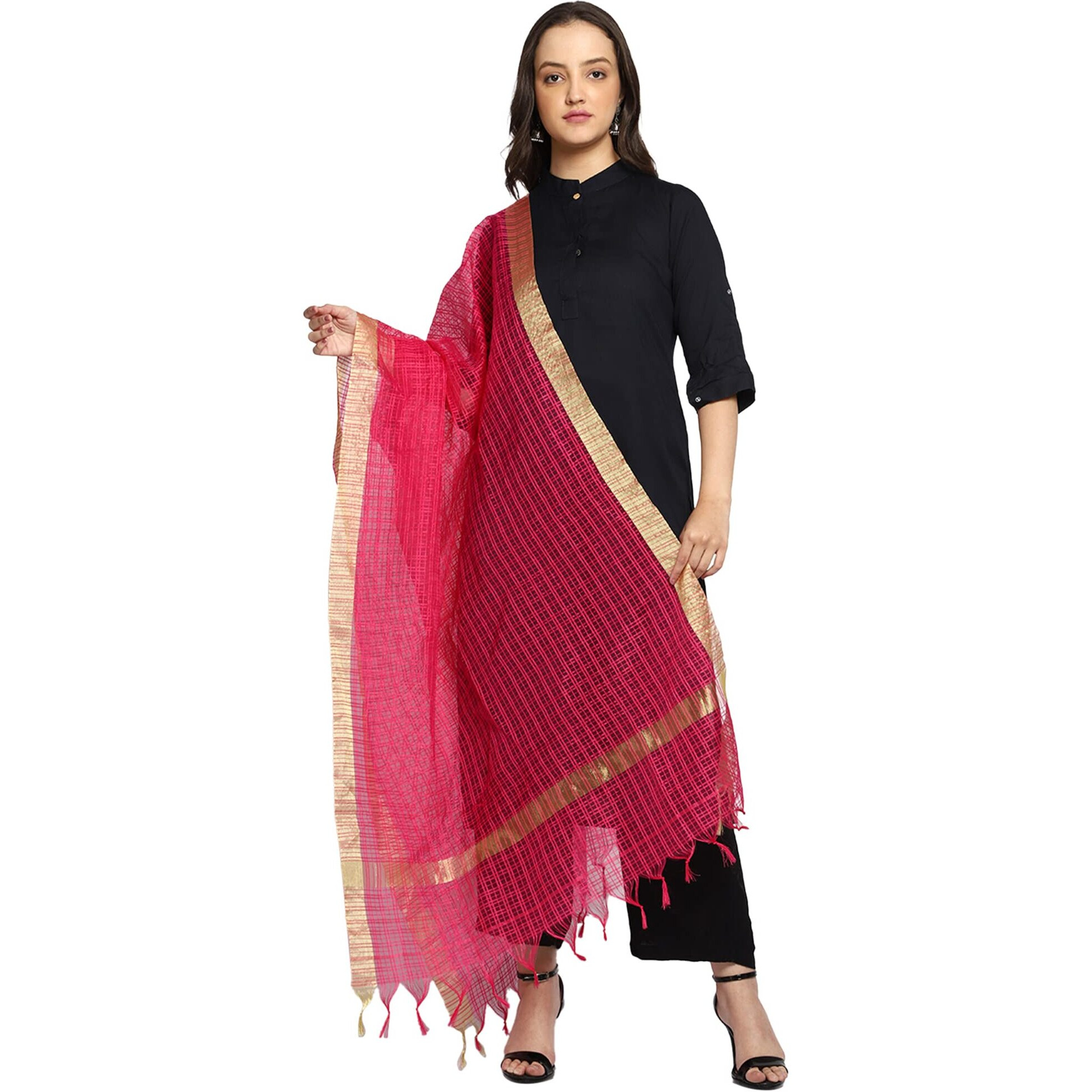 Weavers Villa Women's Poly Silk Striped Pink Dupatta, Chunni, 2.25 Mtrs
