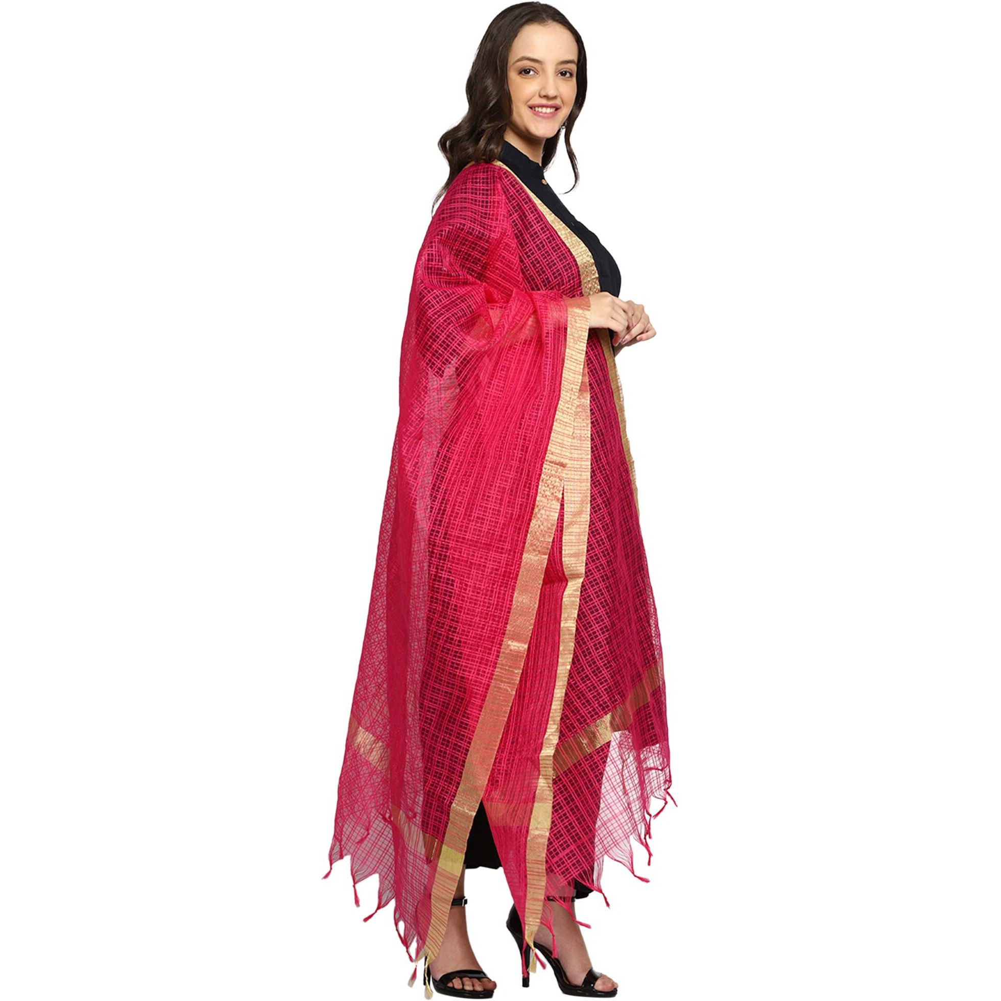 Weavers Villa Women's Poly Silk Striped Pink Dupatta, Chunni, 2.25 Mtrs