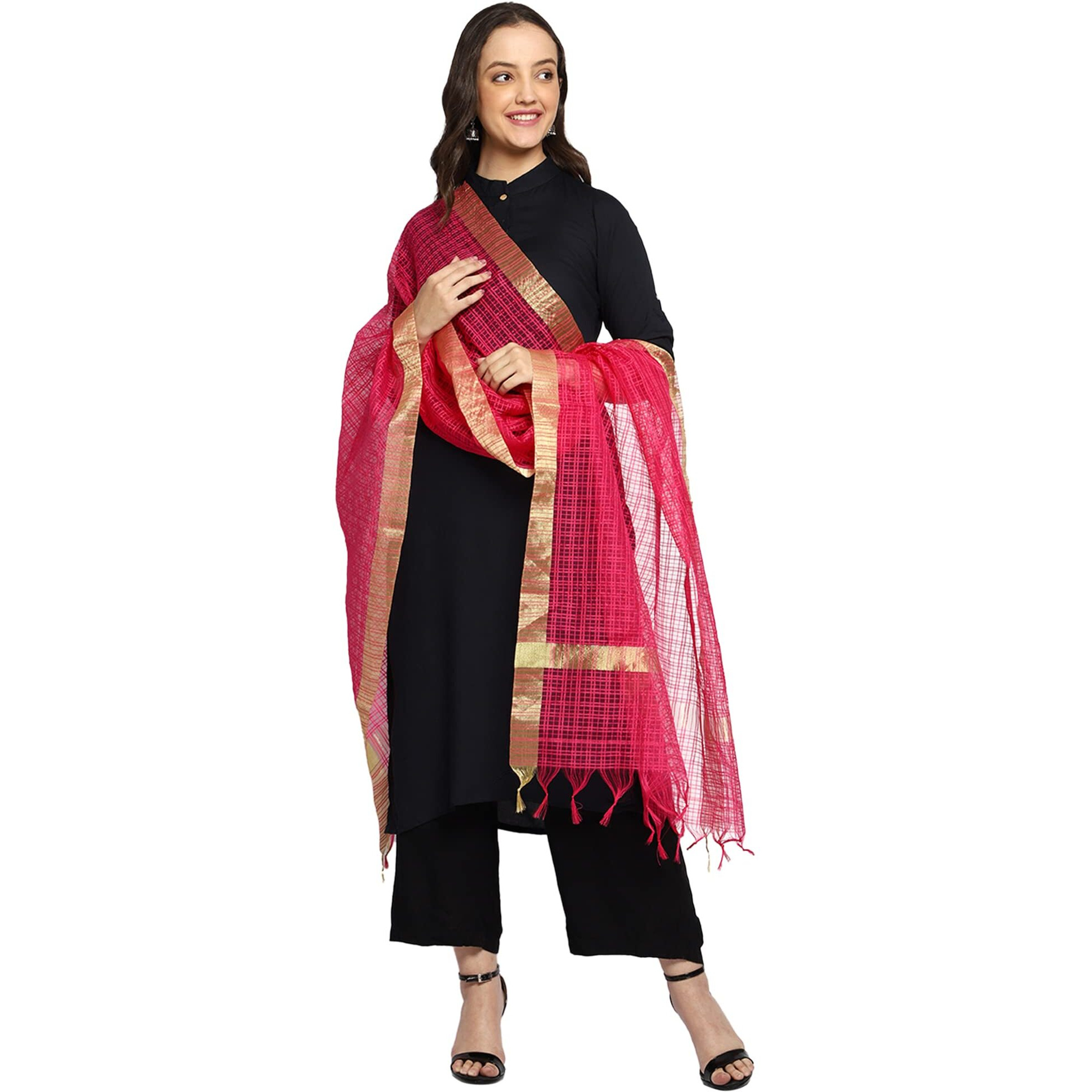 Weavers Villa Women's Poly Silk Striped Pink Dupatta, Chunni, 2.25 Mtrs