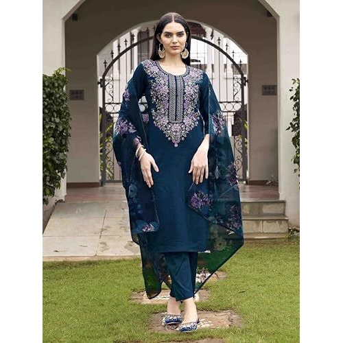 Womanista Women's Teal Blue Color Cotton Blend Multi Embroidered Kurta Set With Printed Organza Dupatta(Kurtaset_1339_Xxl)