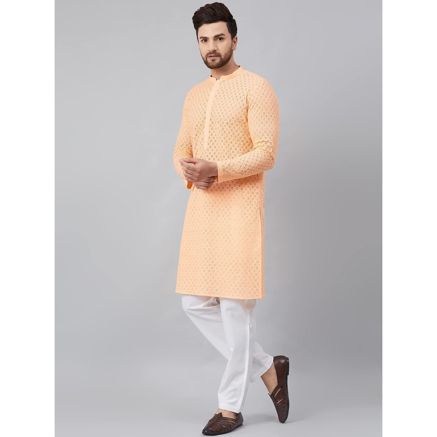 See Designs Mens Kurta - Specially Crafted And Designed For The Eid Festival Men Peach Chikankari Embroidered Woven Design Straight Kurta With Pyjama - Sdkt89601M