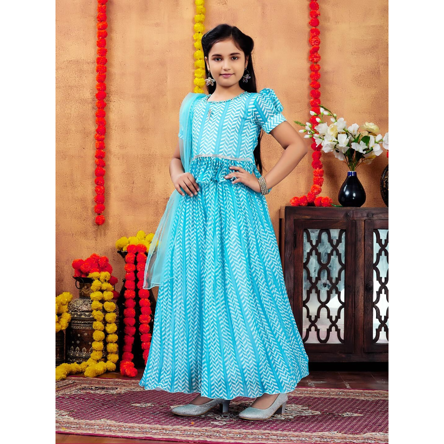 Aarika Girls Ethnic Wear Turquoise Colour Zig Zag Printed Georgette Lehenga Choli Set (4-10 Years)
