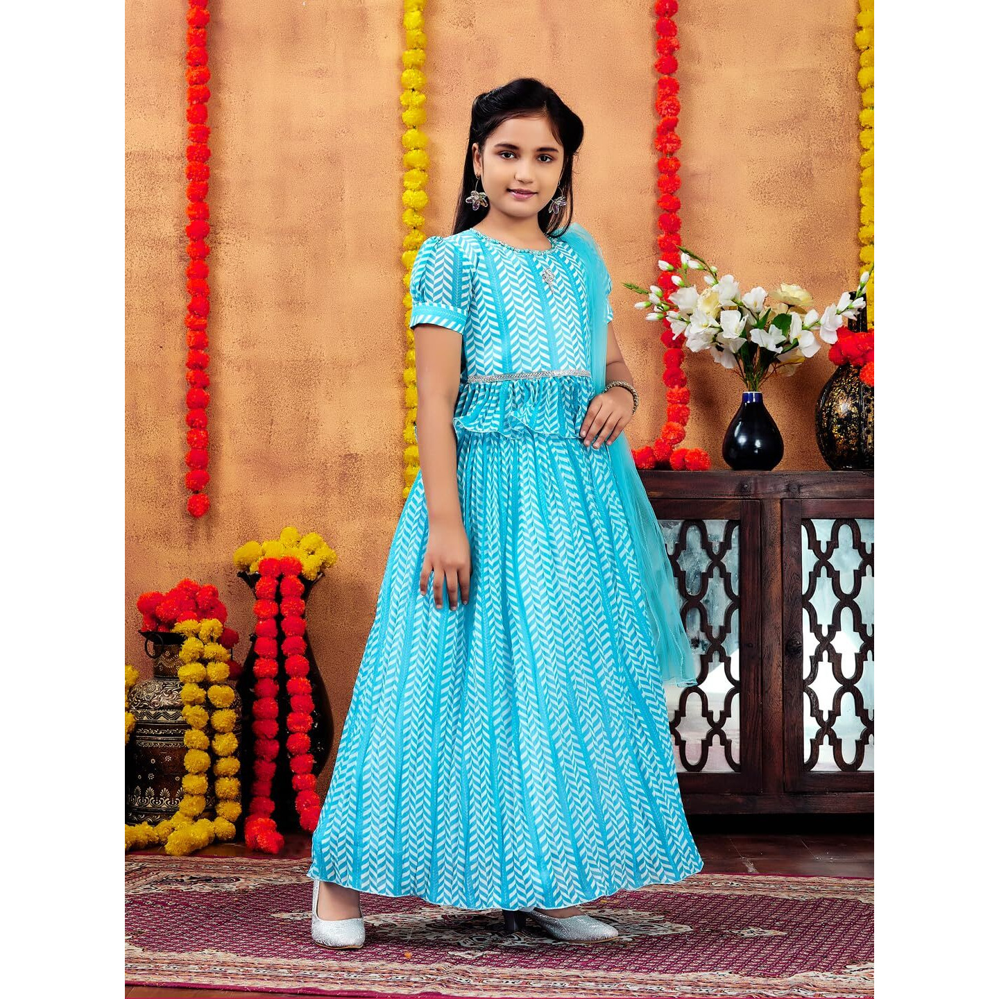 Aarika Girls Ethnic Wear Turquoise Colour Zig Zag Printed Georgette Lehenga Choli Set (4-10 Years)