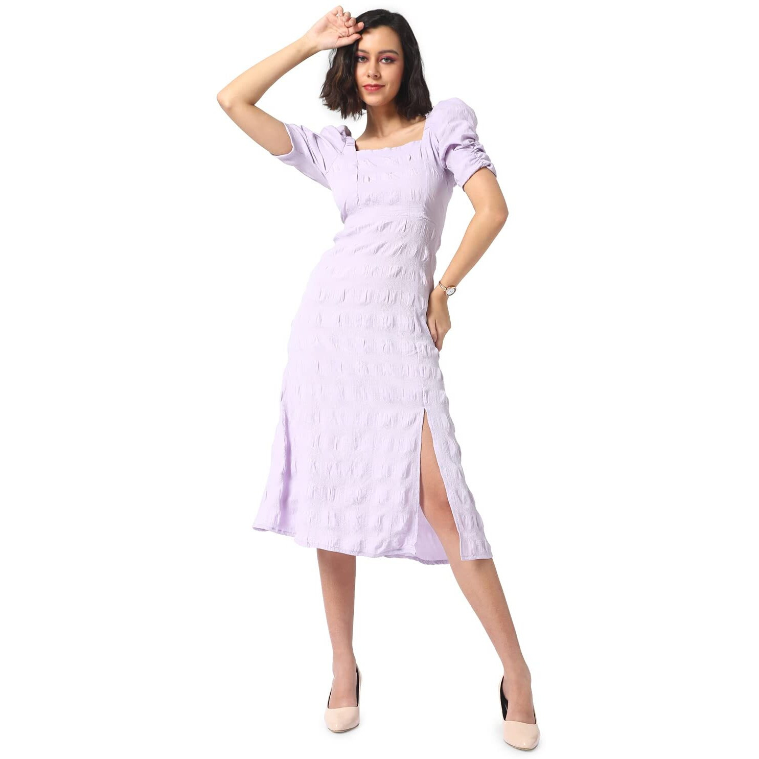 Campus Sutra Women's Solid Lilac Dress With Slit Detail For Casual Wear | Short Sleeve | Polyester Midi Length Dress Crafted With Comfort Fit And High Performance For Everyday Wear