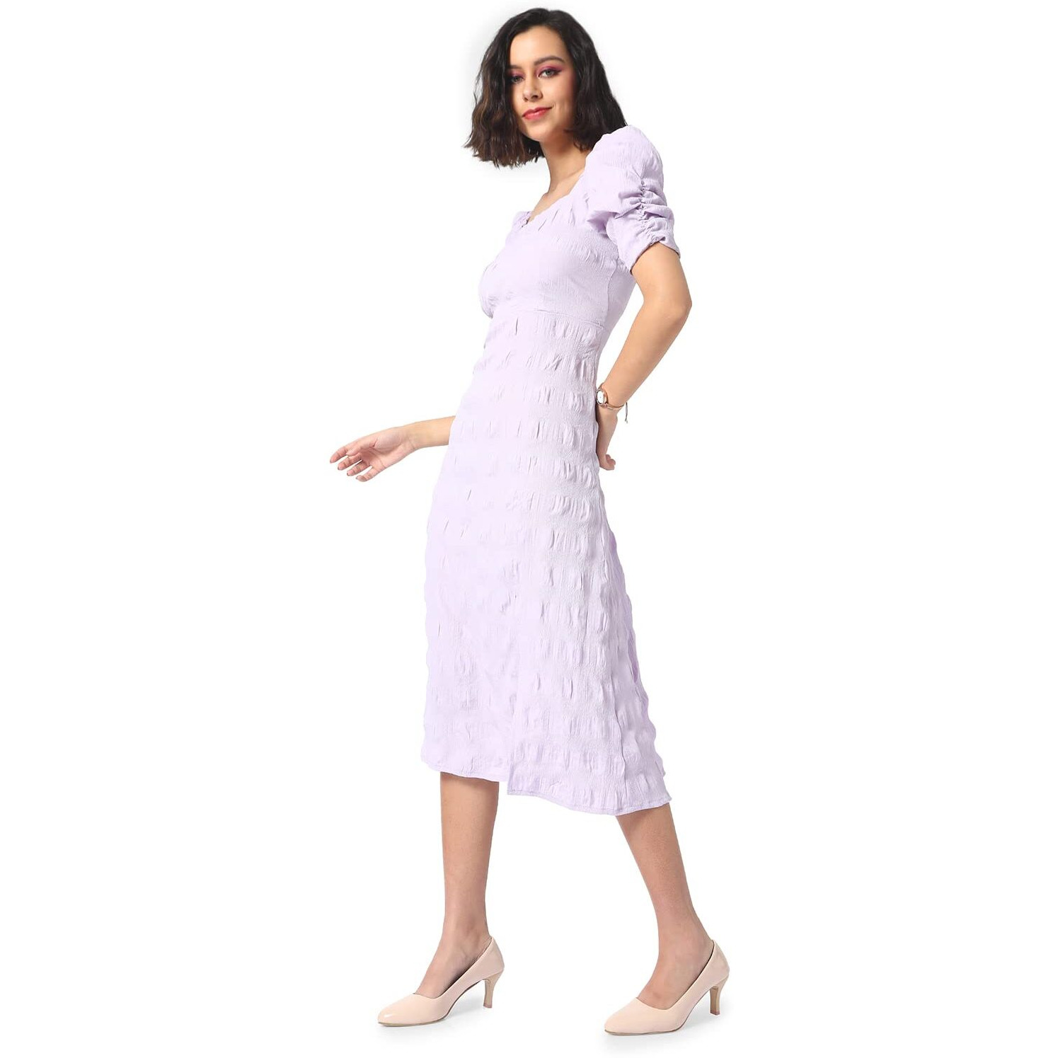Campus Sutra Women's Solid Lilac Dress With Slit Detail For Casual Wear | Short Sleeve | Polyester Midi Length Dress Crafted With Comfort Fit And High Performance For Everyday Wear