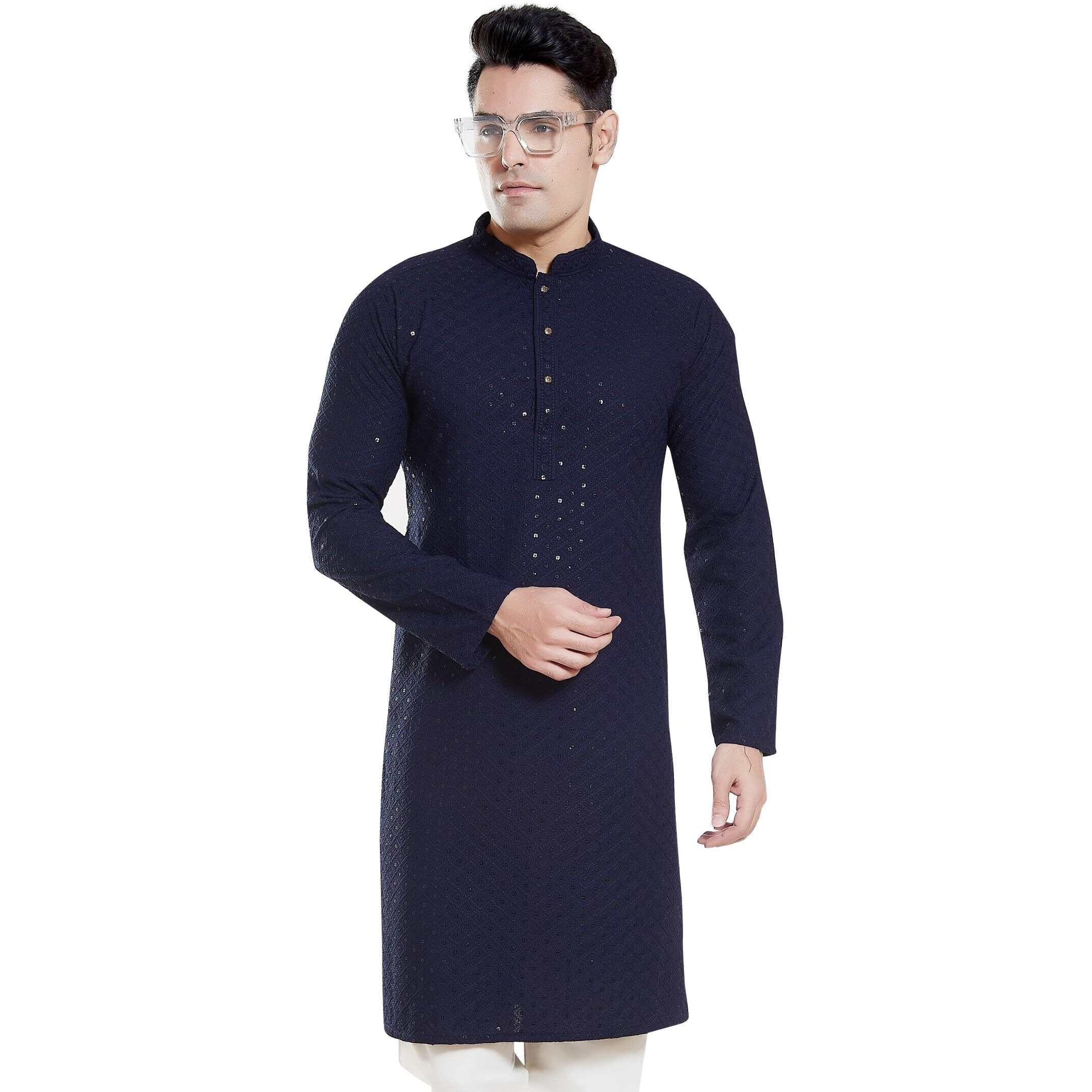 Divisive Men's Sequince Embroidered Cotton Blend Only Slim Fit Kurta (Dkrt133_Xxxl_Navy Blue)