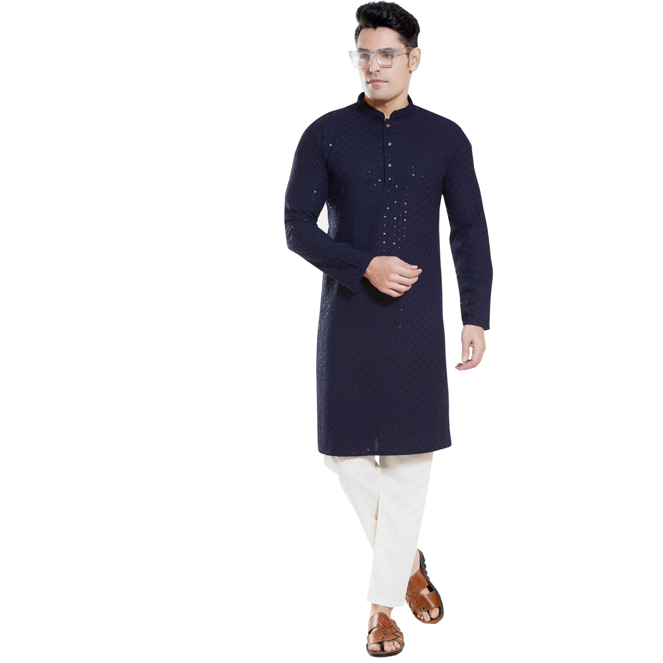 Divisive Men's Sequince Embroidered Cotton Blend Only Slim Fit Kurta (Dkrt133_Xxxl_Navy Blue)