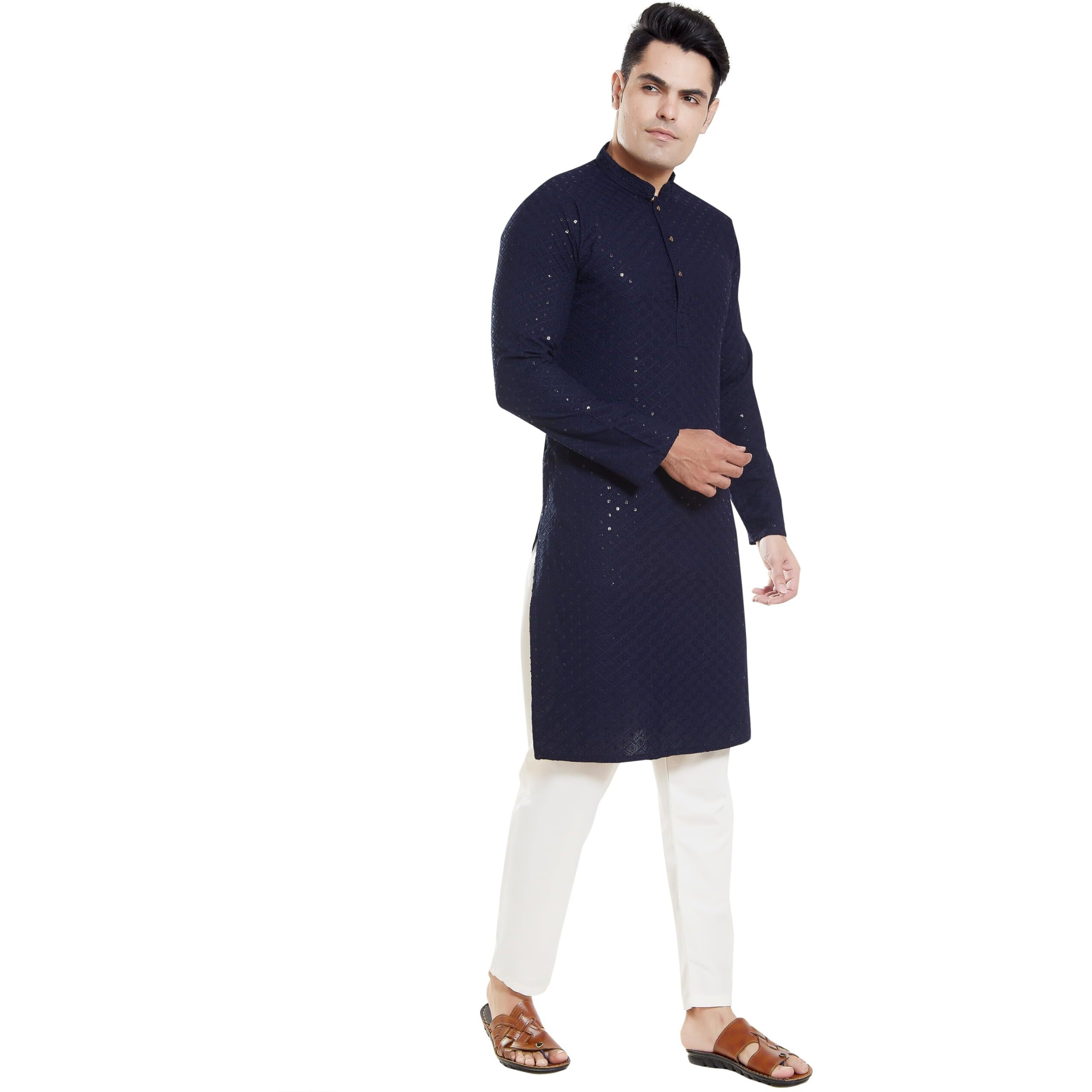 Divisive Men's Sequince Embroidered Cotton Blend Only Slim Fit Kurta (Dkrt133_Xxxl_Navy Blue)