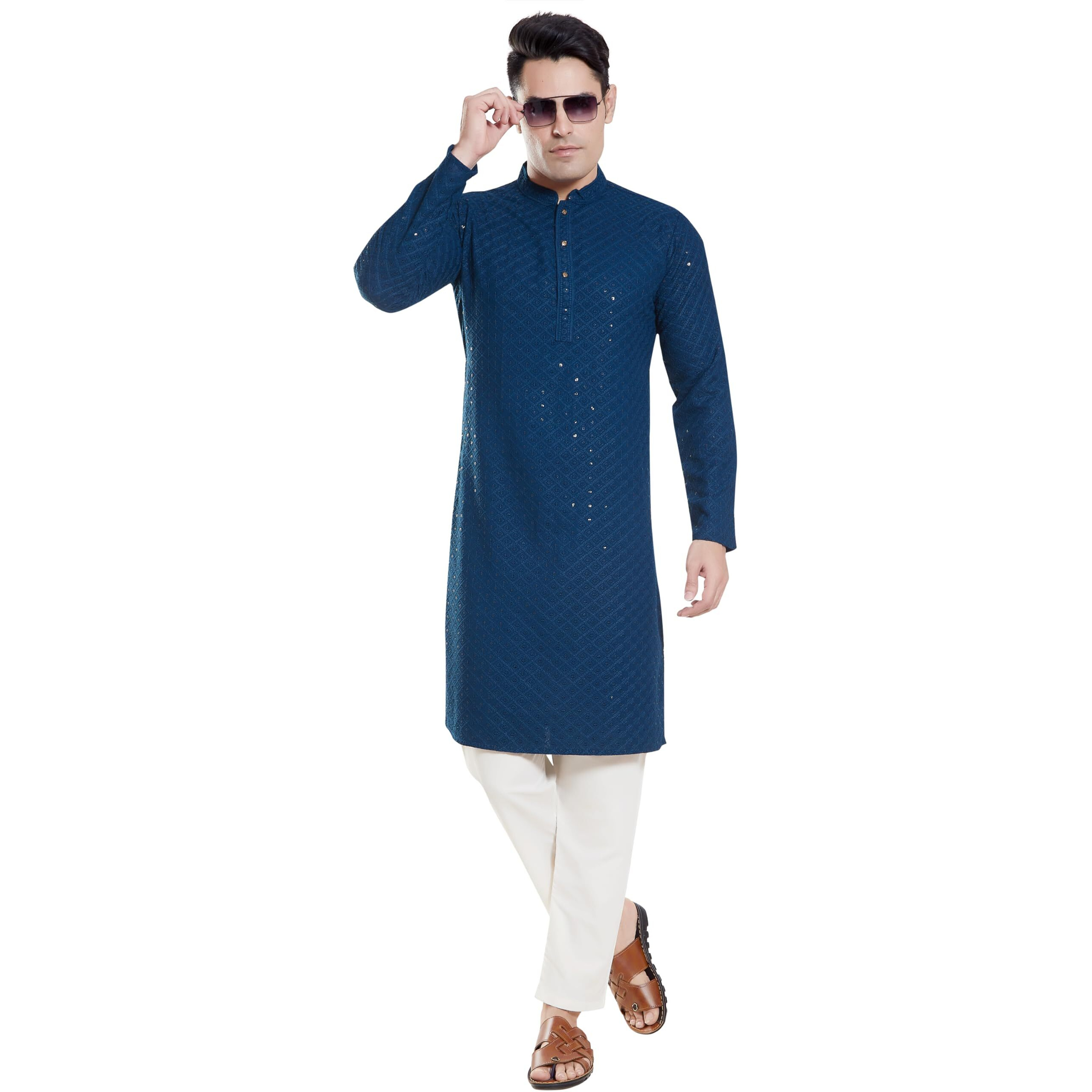 Divisive Men's Sequince Embroidered Cotton Blend Only Slim Fit Kurta (Dkrt132_Xxl_Teal)