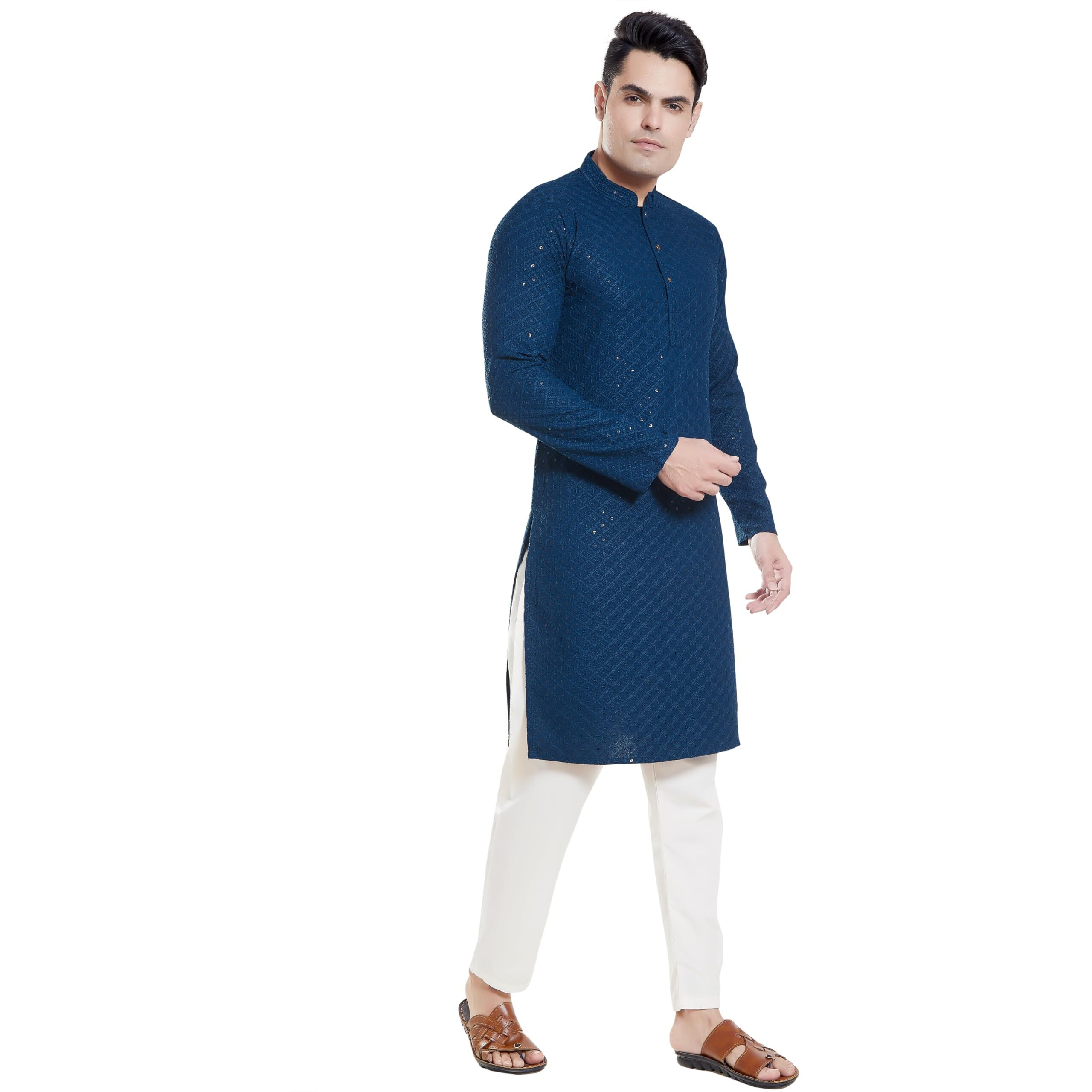 Divisive Men's Sequince Embroidered Cotton Blend Only Slim Fit Kurta (Dkrt132_Xxl_Teal)