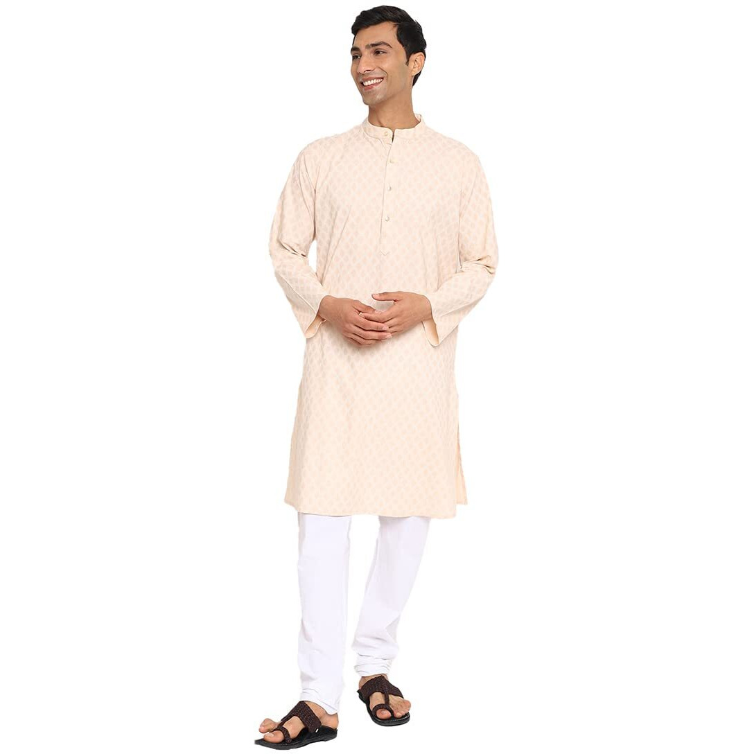 Fabindia Men's Cotton Printed Relaxed Kurta (102884701_Beige