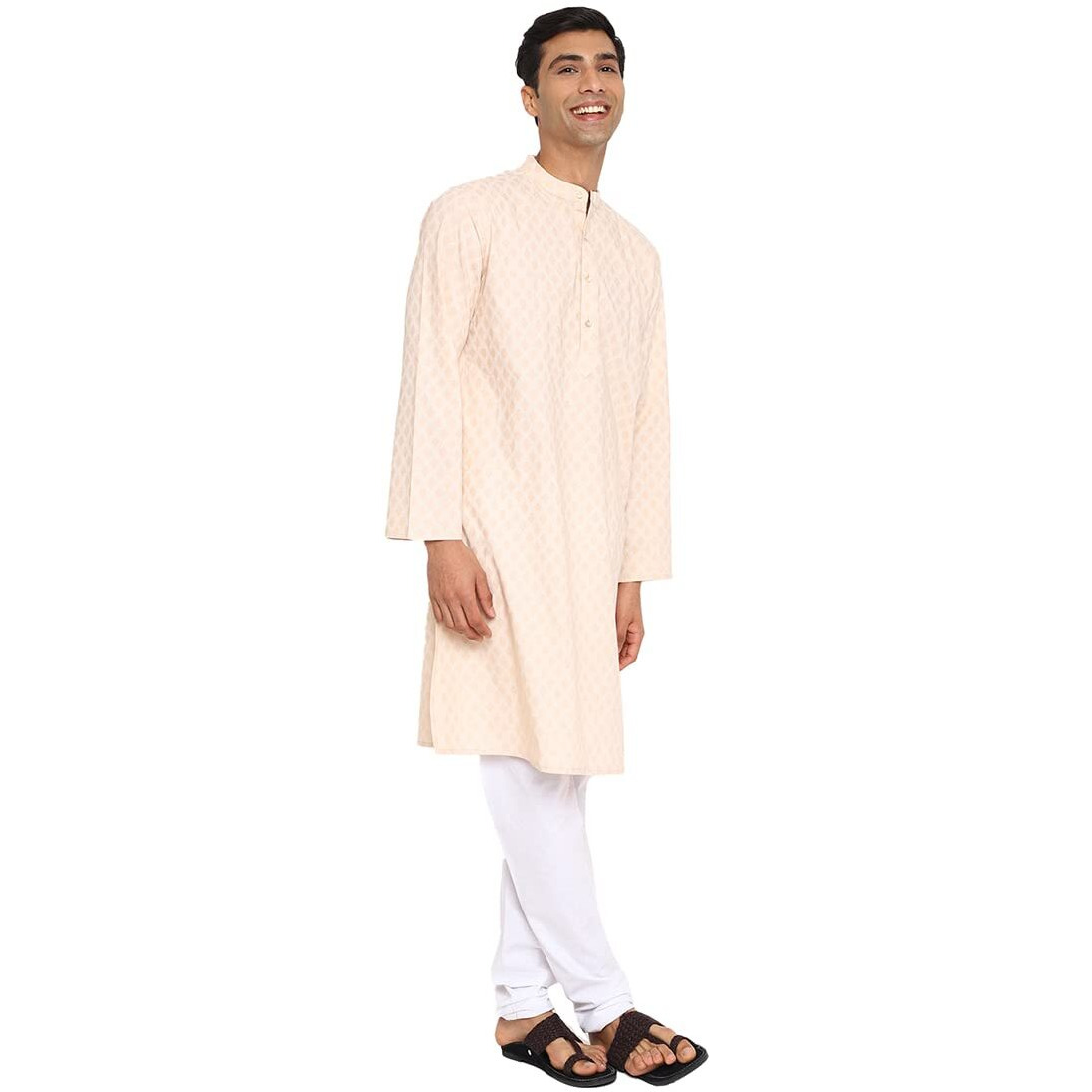 Fabindia Men's Cotton Printed Relaxed Kurta (102884701_Beige