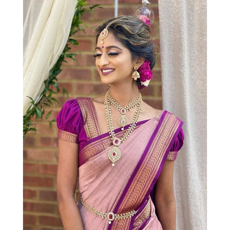 Flosive Women's Kanjivaram Pure Zari Woven Soft Silk Saree With Blouse Piece (Mix (Purple)