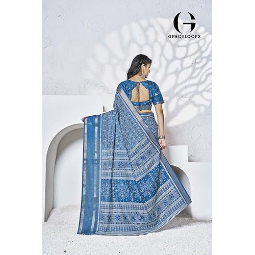 Greciilooks Plain Cotton Latest Design For Women | Silk Banarasi Saree (Gl-S2399_Blue)