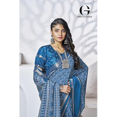 Greciilooks Plain Cotton Latest Design For Women | Silk Banarasi Saree (Gl-S2399_Blue)