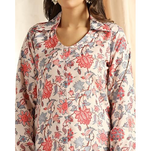 Greciilooks Womens Rayon Floral A-Line Regular Fit Co-Ord Set (Beige, X-Large)