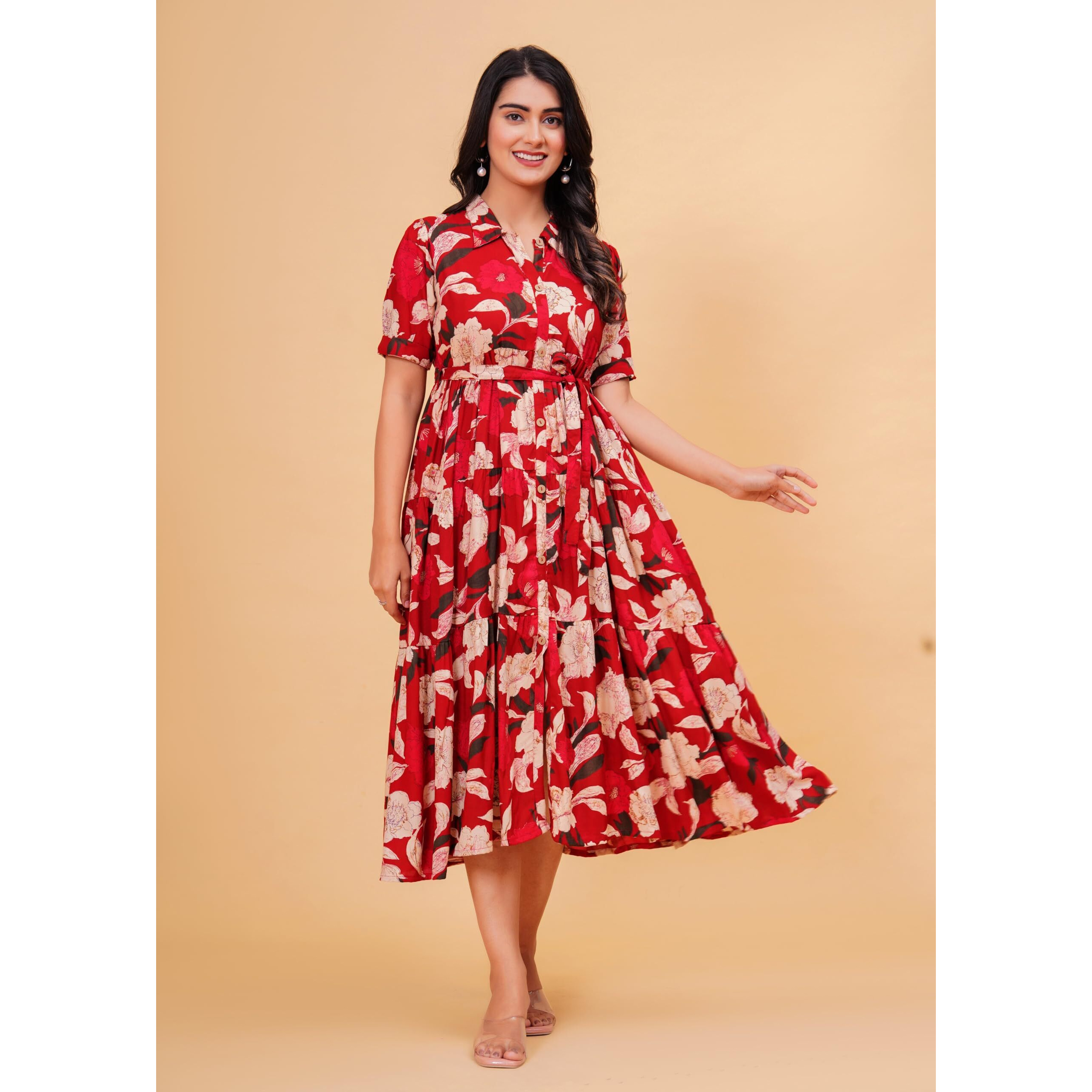 Jikonet Women's Western Dress Floral Printed Cotton Maxi Dress, (Medium, Ajax Red)