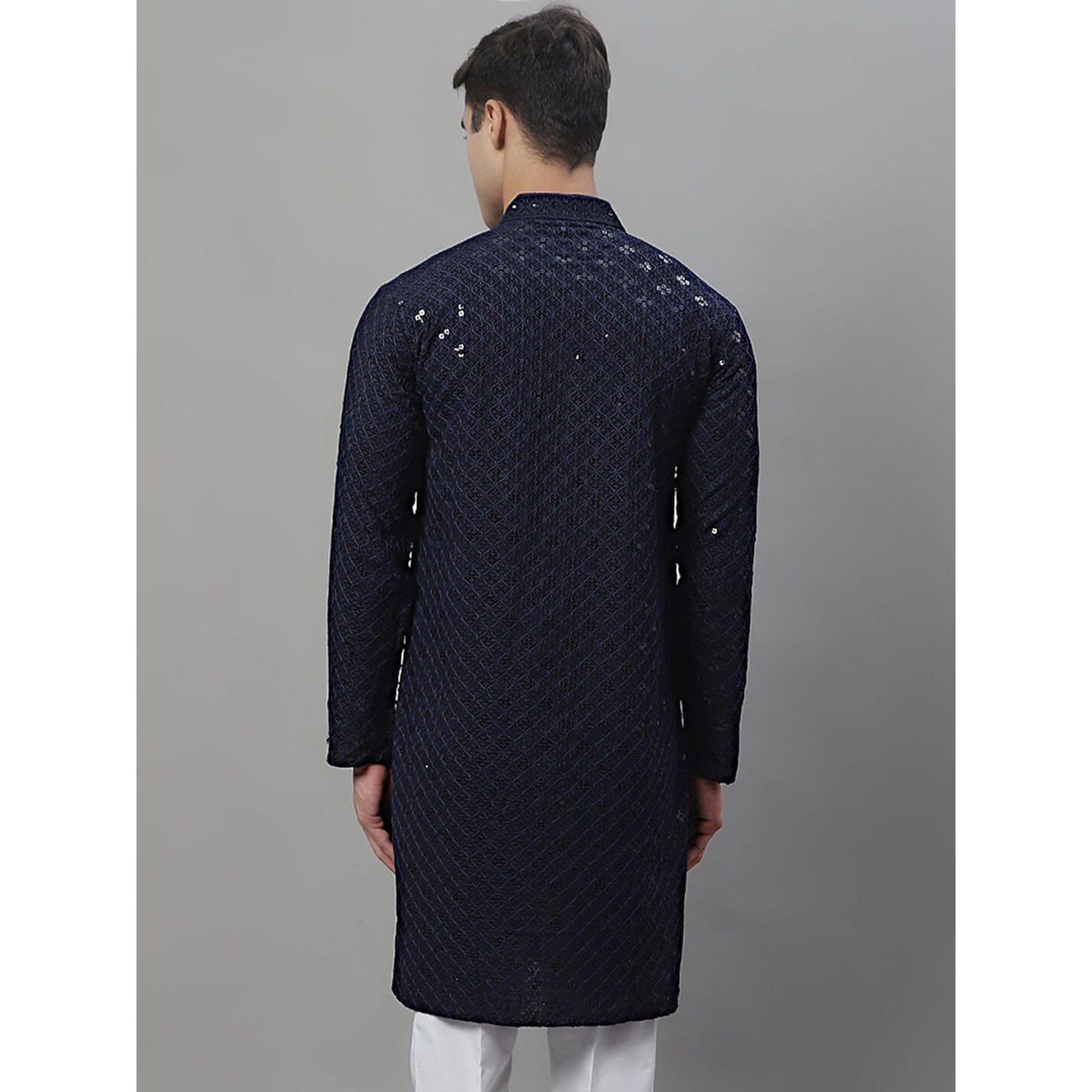 Jompers Men's Chikankari Embroidered And Sequence Kurtas Only (Navy, M)