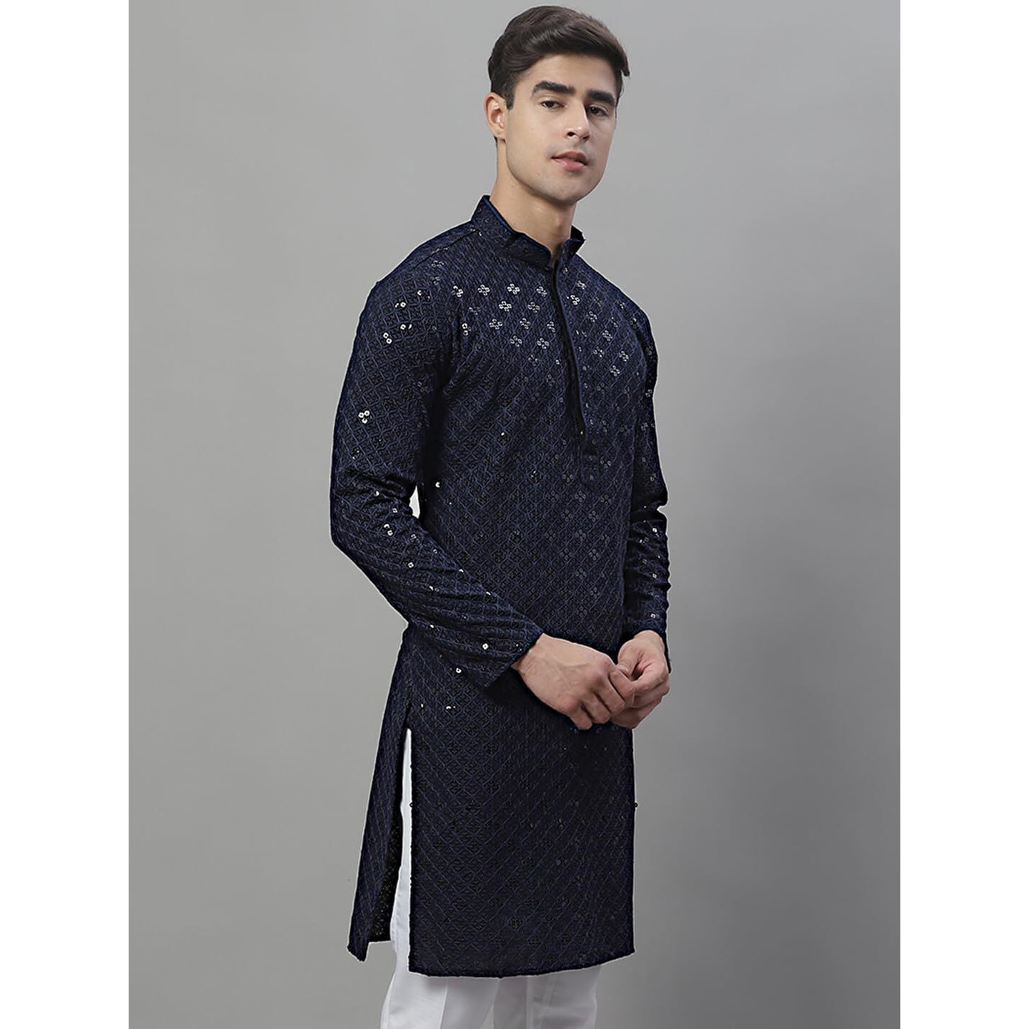 Jompers Men's Chikankari Embroidered And Sequence Kurtas Only (Navy, M)