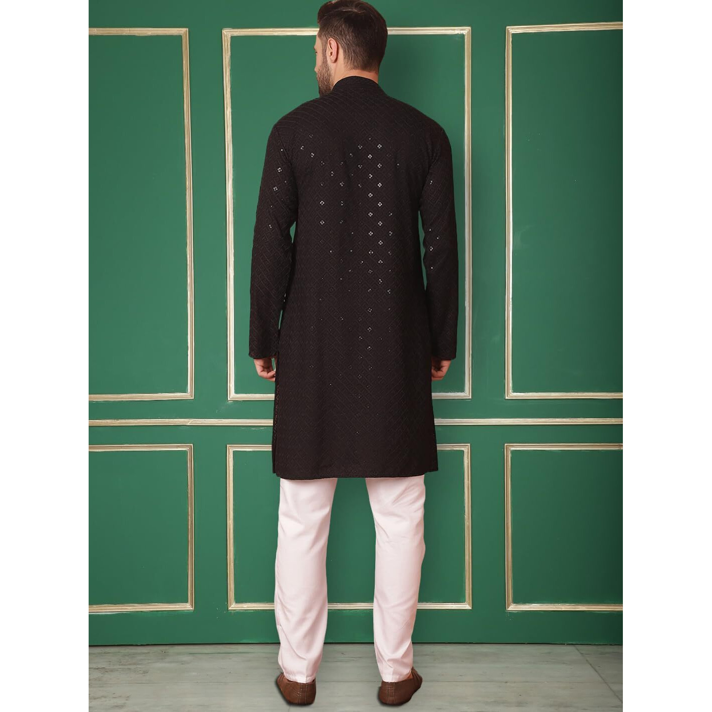 Jompers Men's Black Embroidered And Sequence Kurta With Pyjama. (Black, Xl)