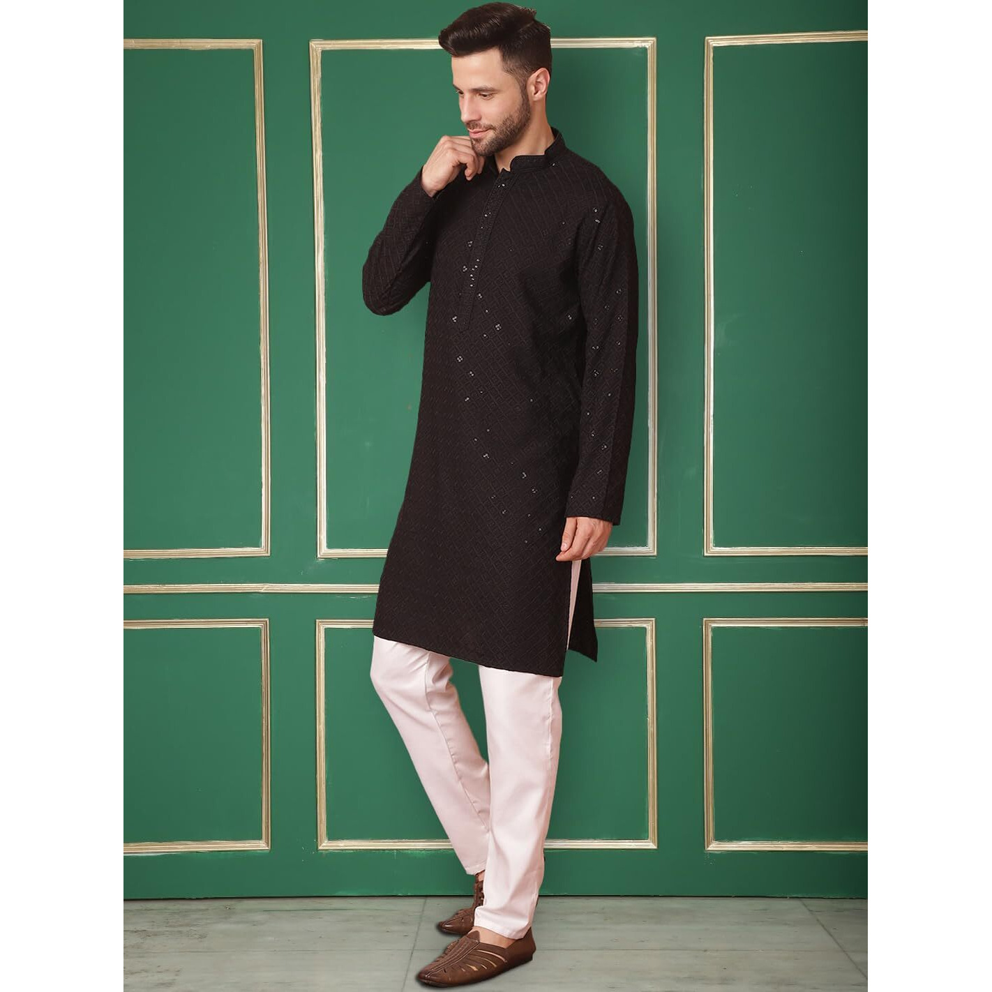 Jompers Men's Black Embroidered And Sequence Kurta With Pyjama. (Black, Xl)