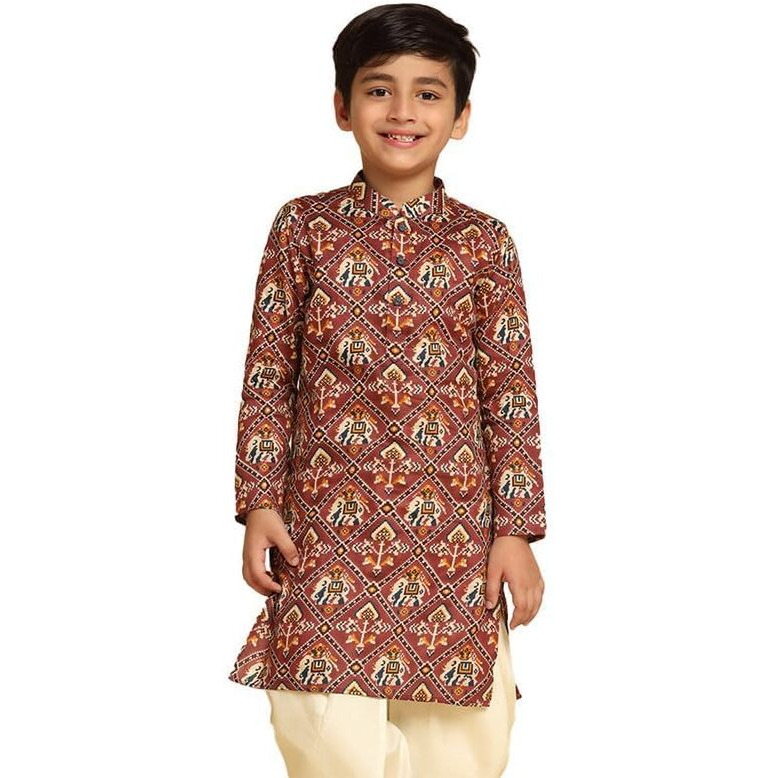 Kisah Boy's Kurta, Onion Pink Cotton Blend, Patola Print Long Sleeves Regular Fit Mandarin Collar (7-8 Years)