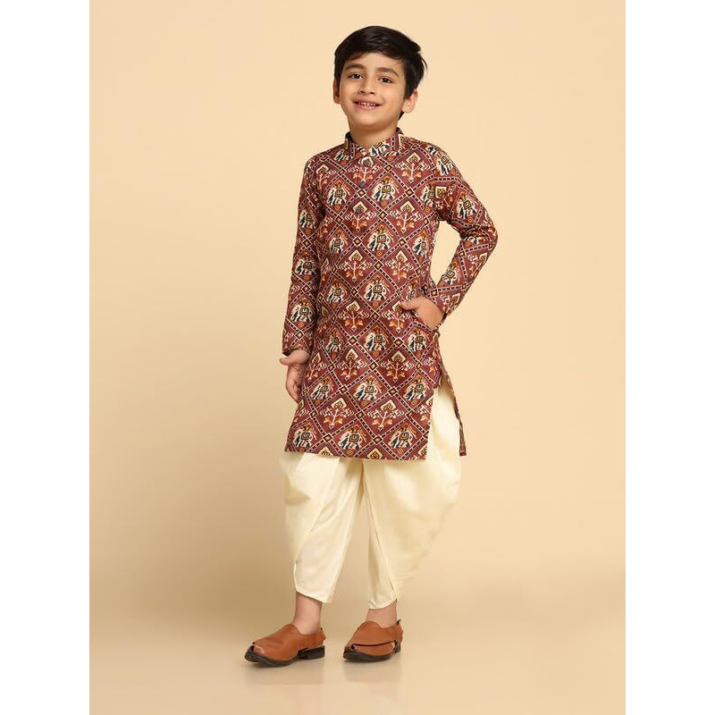 Kisah Boy's Kurta, Onion Pink Cotton Blend, Patola Print Long Sleeves Regular Fit Mandarin Collar (7-8 Years)